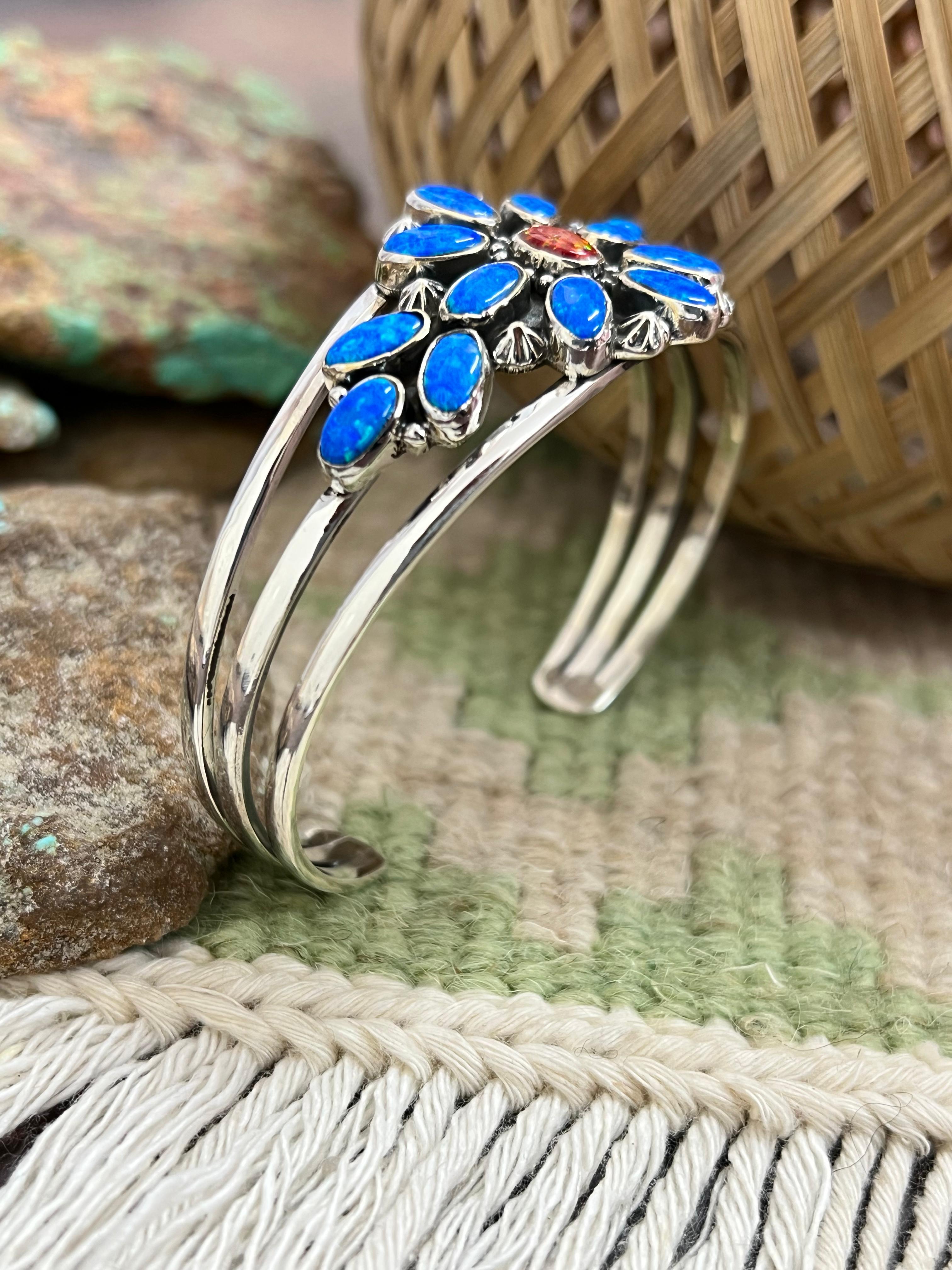 Handmade Sterling Silver Synthetic Opal Cuff Bracelet with Signed Nizhoni