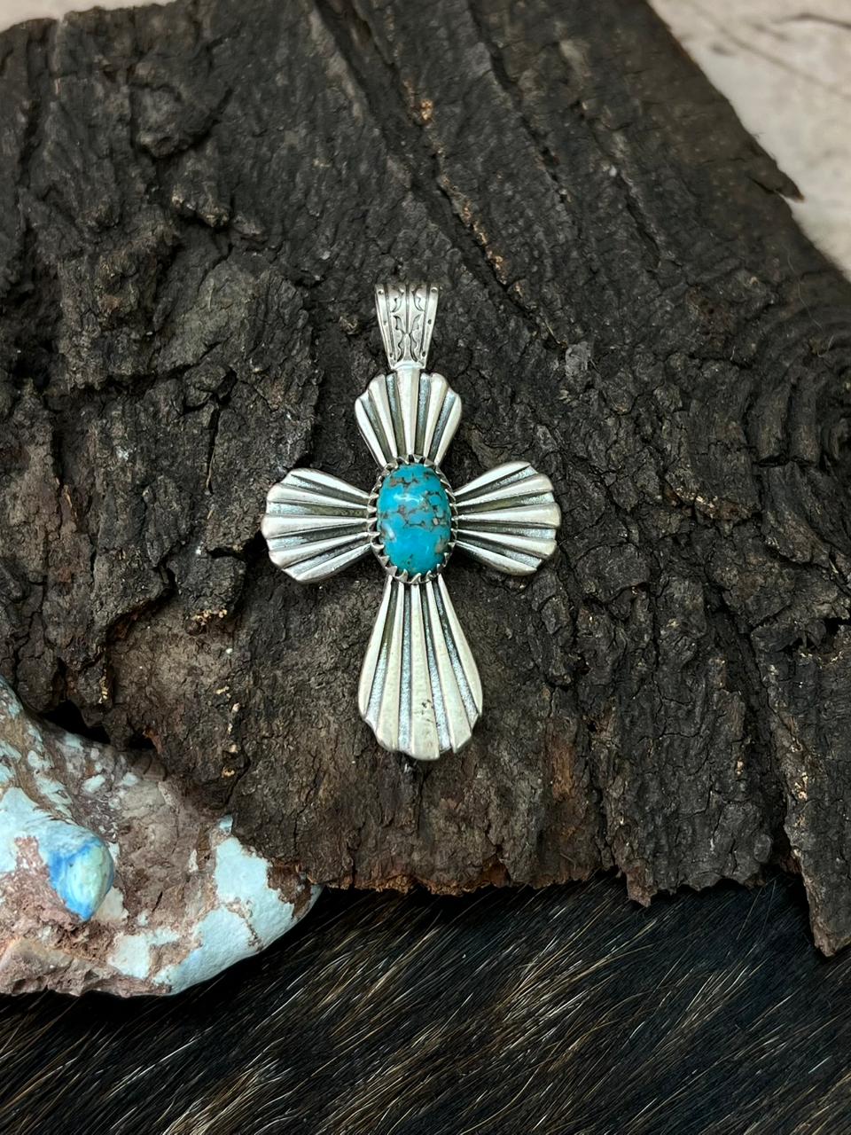 Handmade Sterling Silver Kingman Turquoise Cross Pendant "Signed Nizhoni" (4)