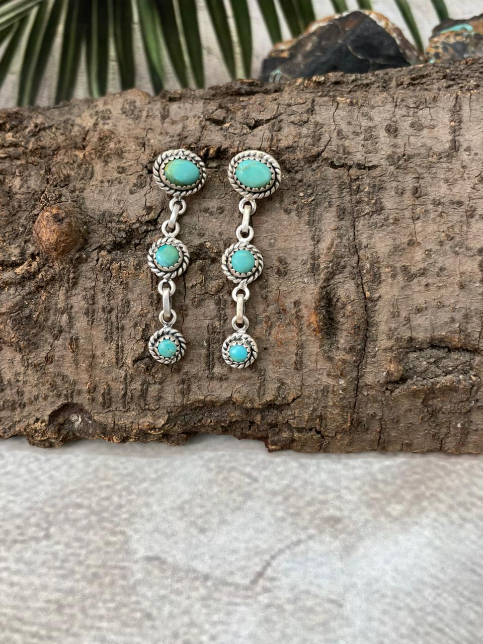 Handmade Sterling Silver Kingman Turquoise Post Dangle Earrings "Signed Nizhoni"