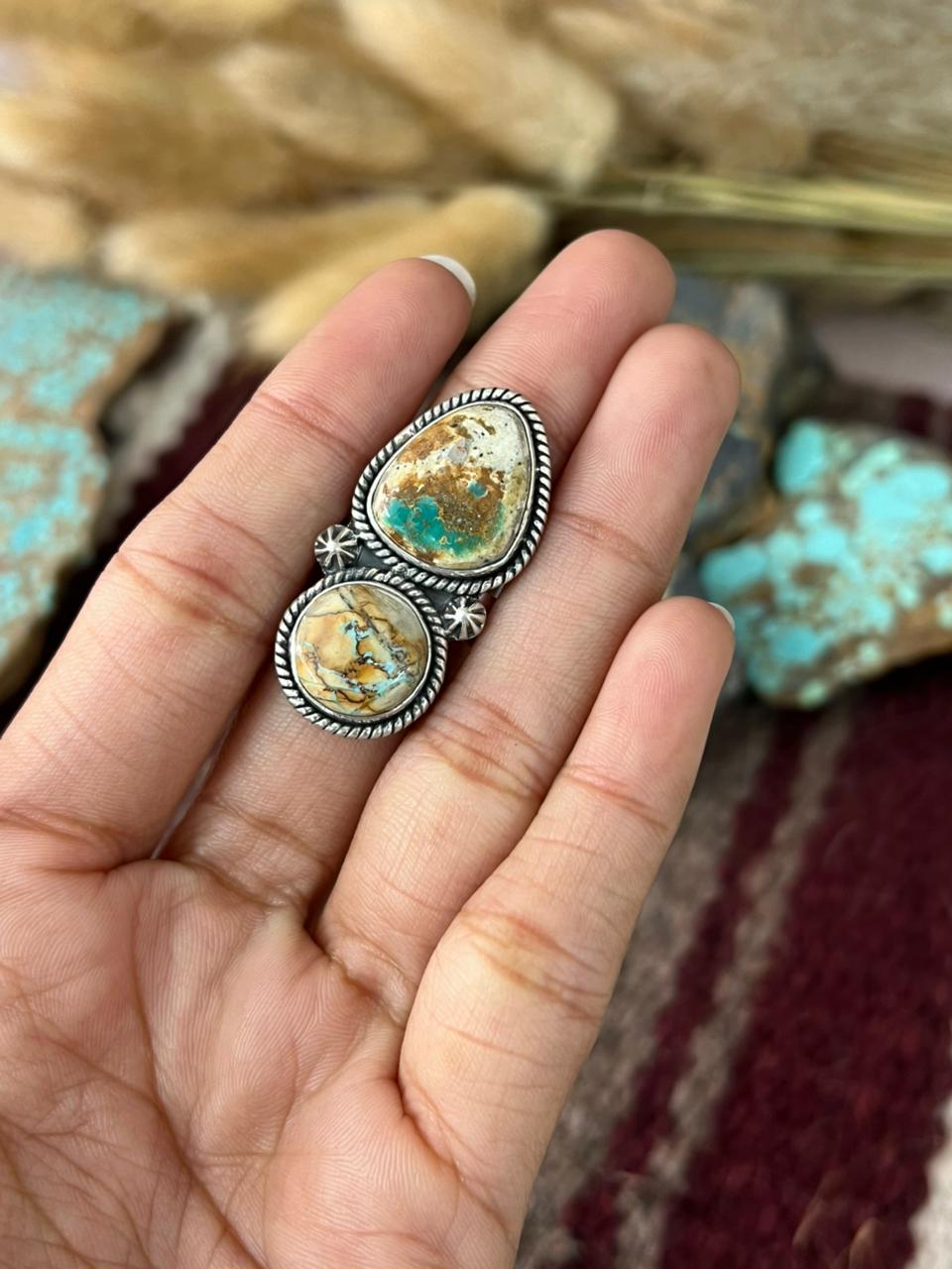 Handmade Sterling Silver Royston Ribbon Turquoise Adjusatble Ring "Signed Nizhoni"