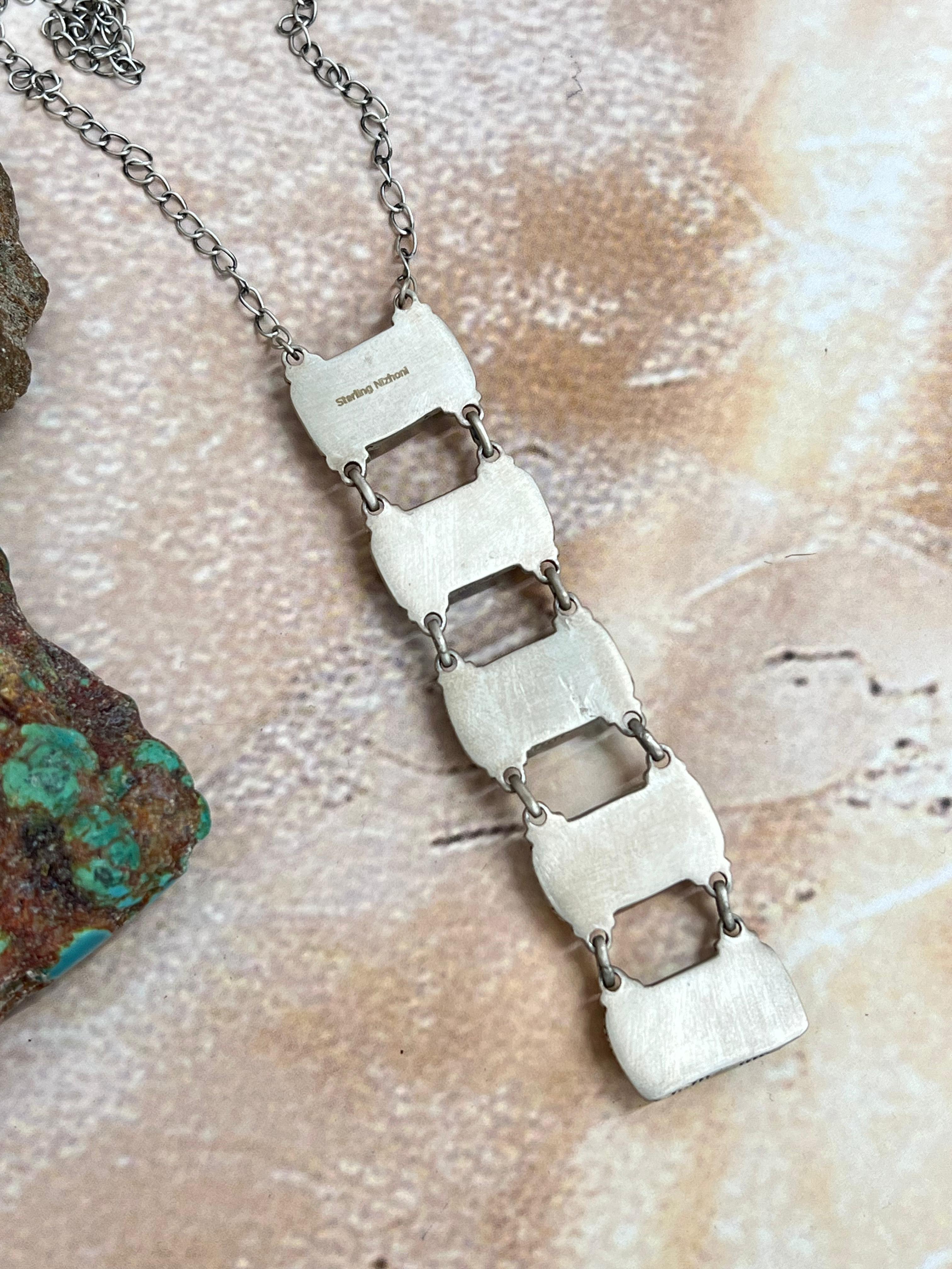 Handmade Sterling Silver Peacock Dahlia Stairs Style Necklace with Signed Nizhoni