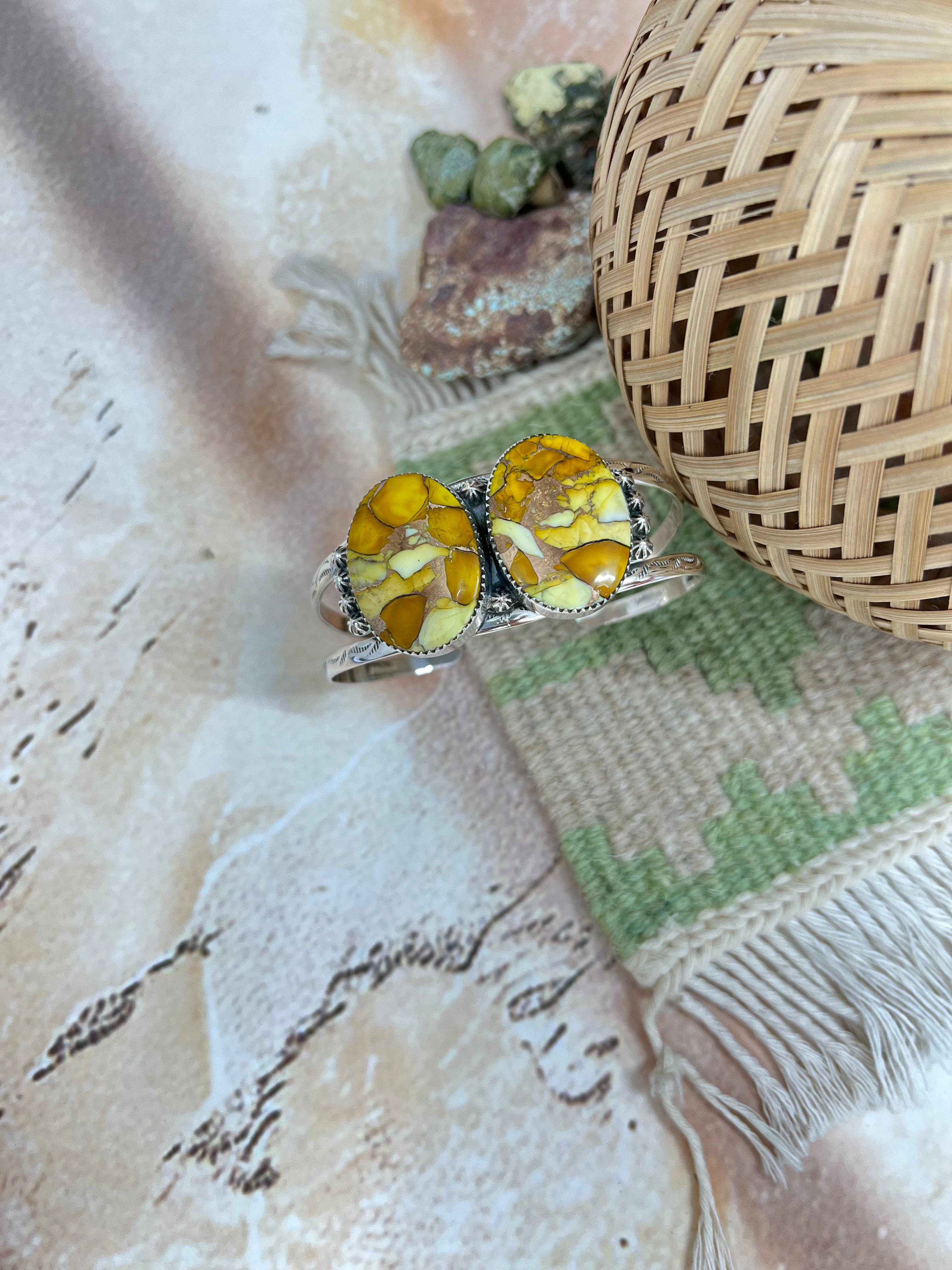 Handmade Sterling Silver Honey Dahlia Cuff Bracelet with Signed Nizhoni