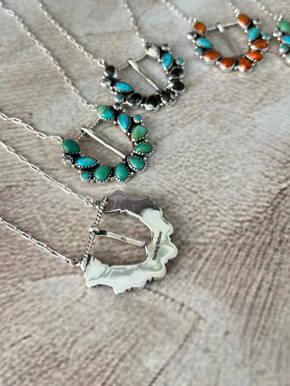 Handmade Sterling Silver Multi Stone Buckle Necklace "Signed Nizhoni"
