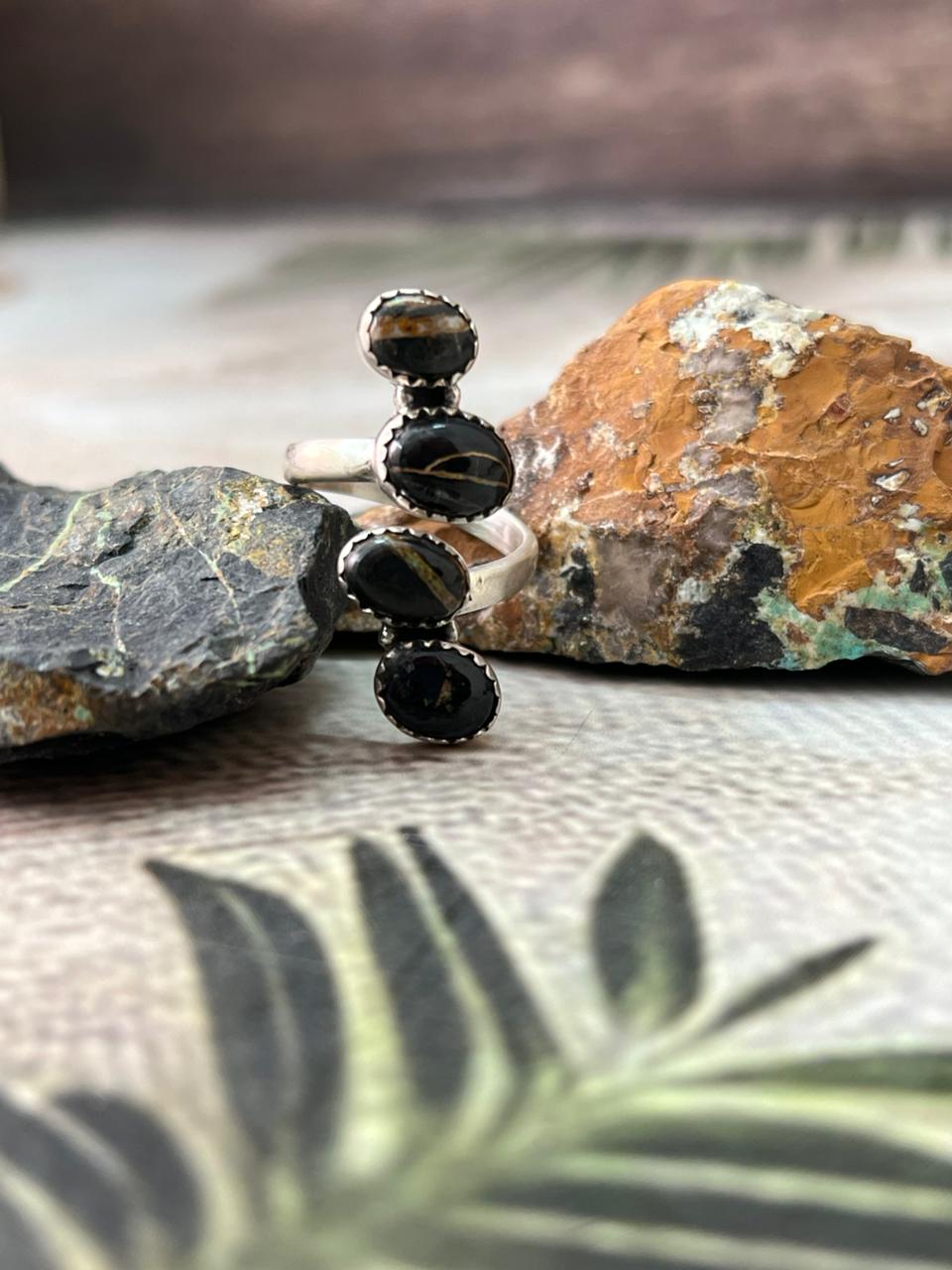 Handmade Sterling Silver Blackjack Turquoise Adjustable Ring " Signed Nizhoni"