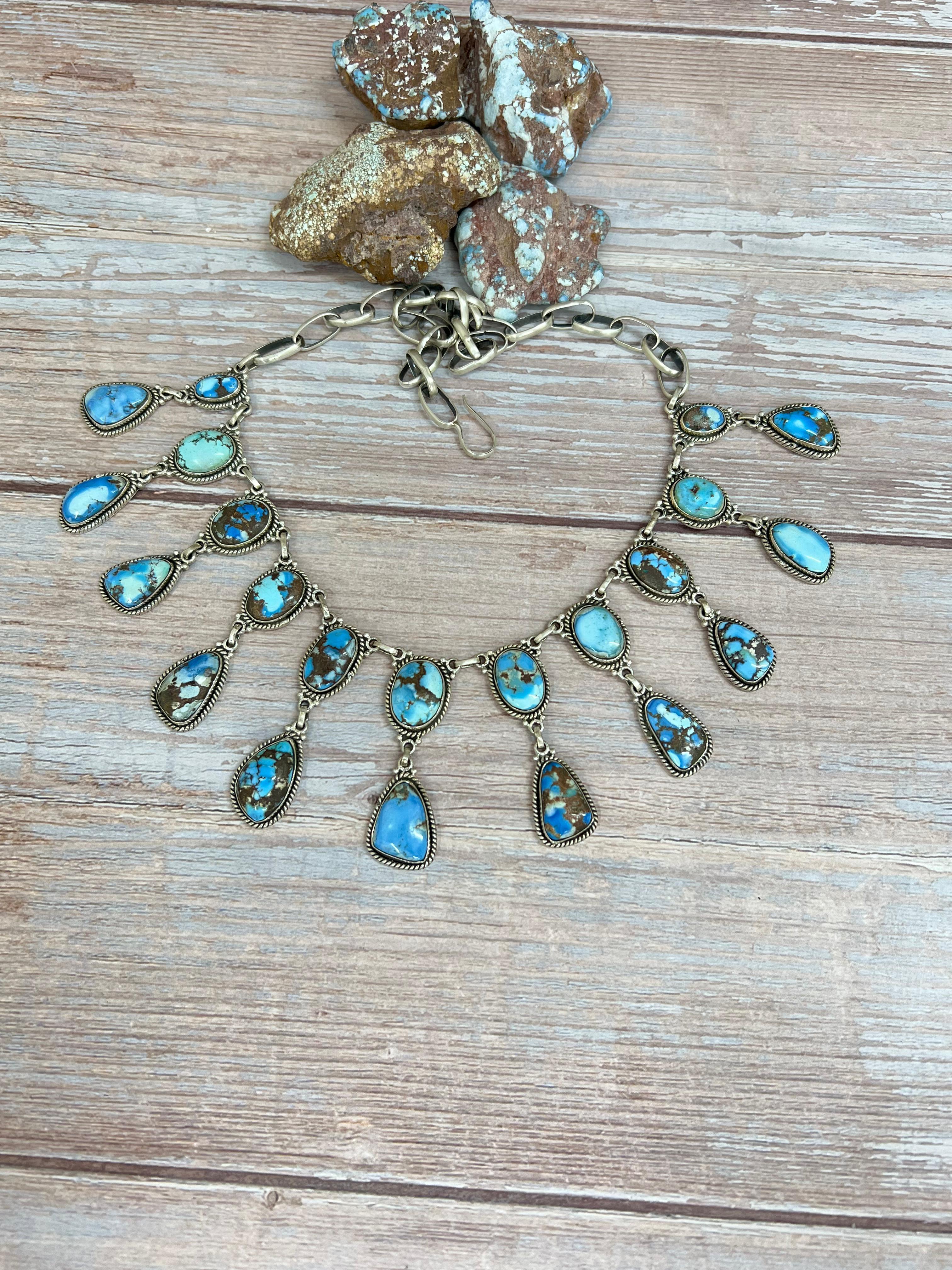 Handmade Sterling Silver Golden Hills Turquoise Necklace with Signed Nizhoni