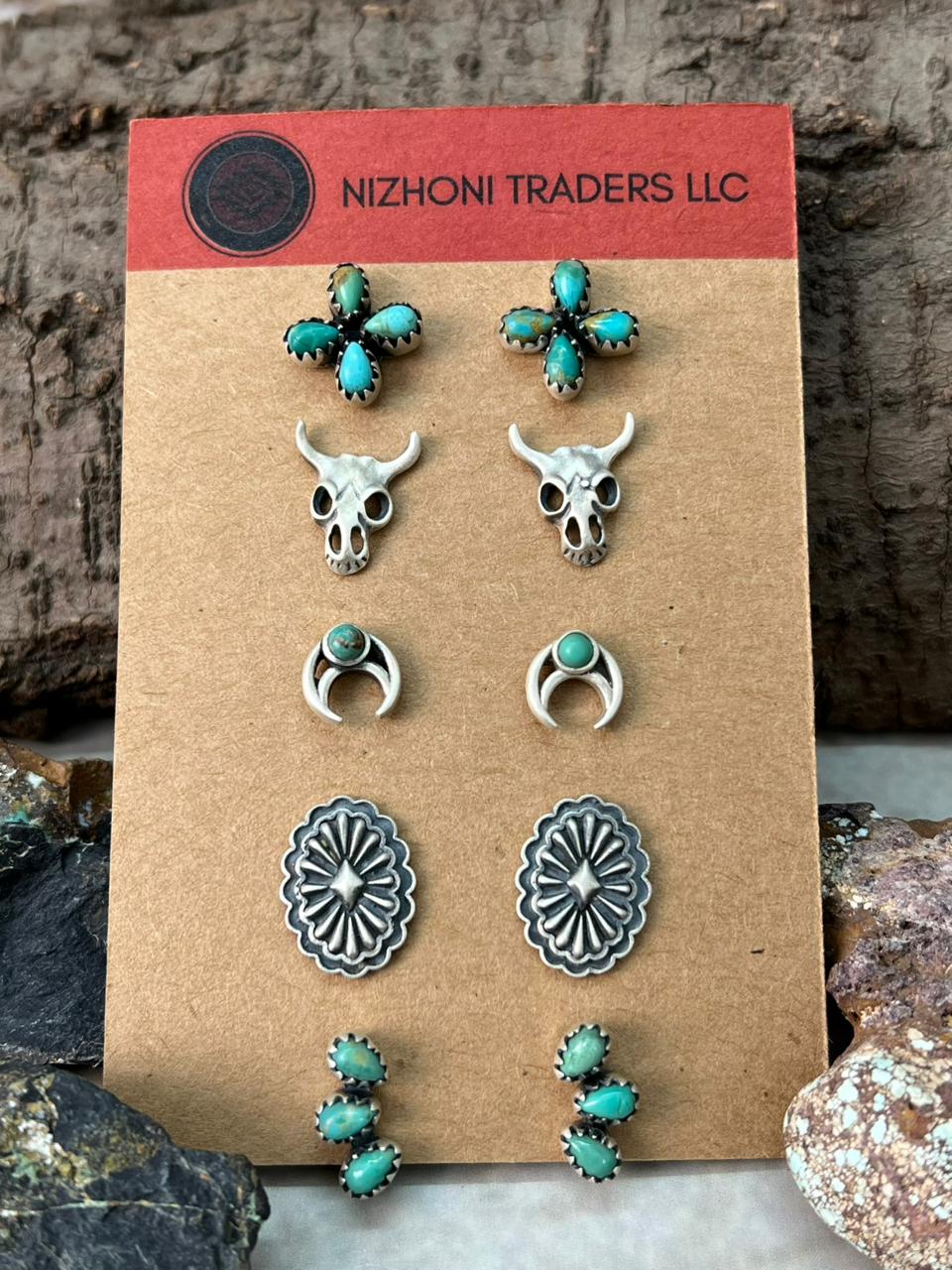 Handmade Sterling Silver Kingman Turquoise Post Studs Earrings Set