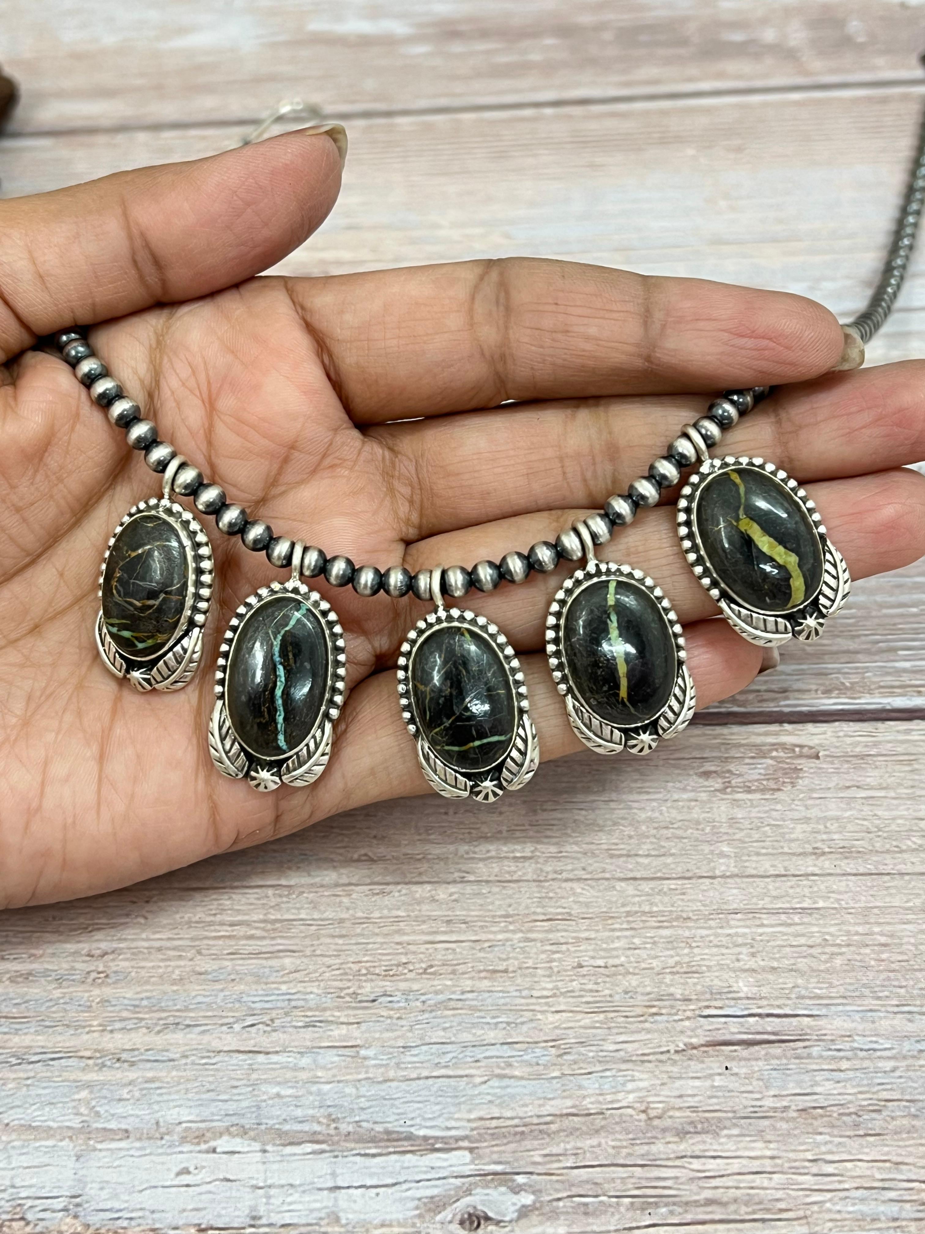 Handmade Sterling Silver Blackjack Turquoise Beaded Necklace with Signed Nizhoni