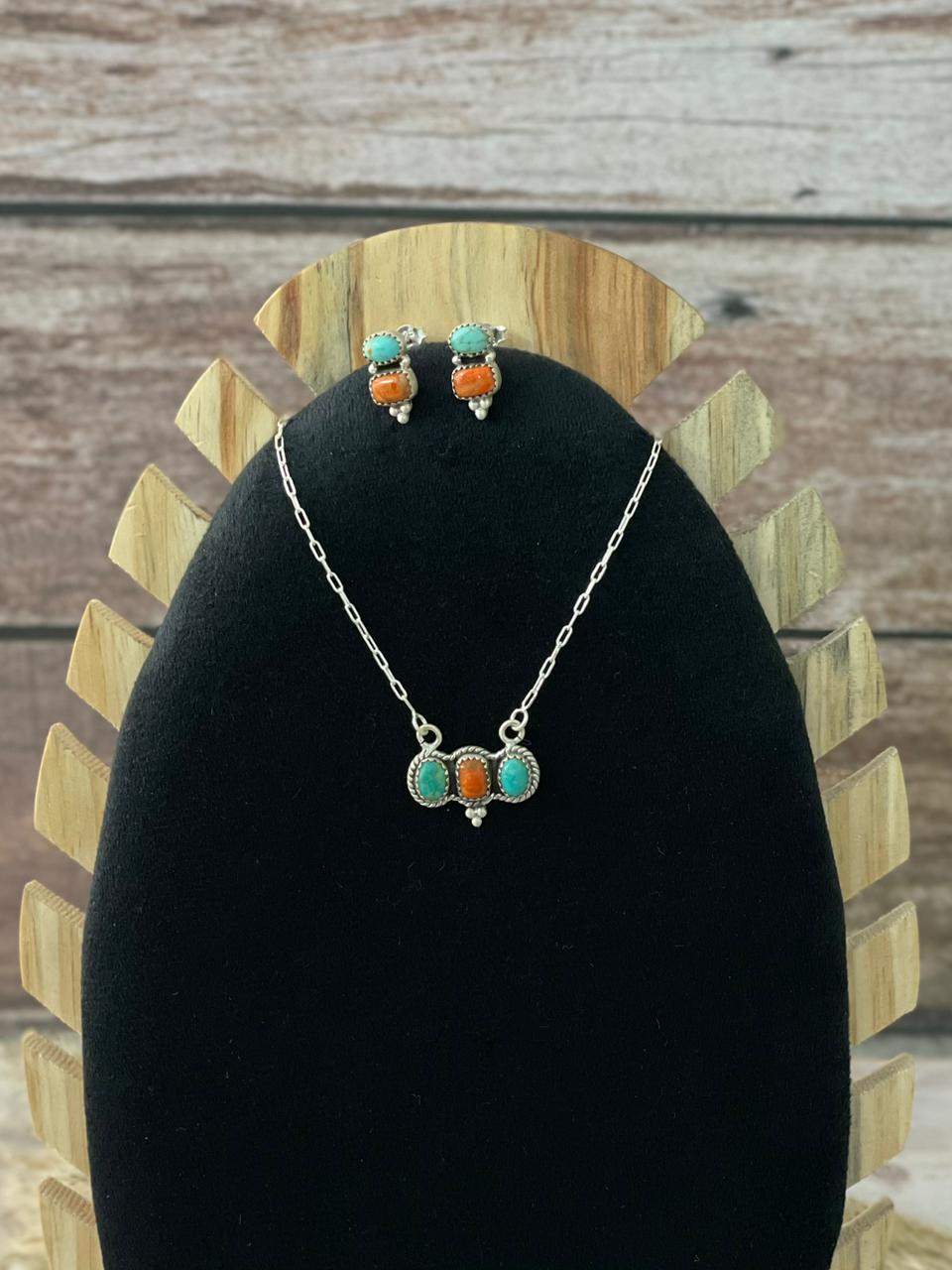 Handmade Sterling Silver Orange Mojave with Kingman Necklace Earrings Set "Signed Nizhoni"