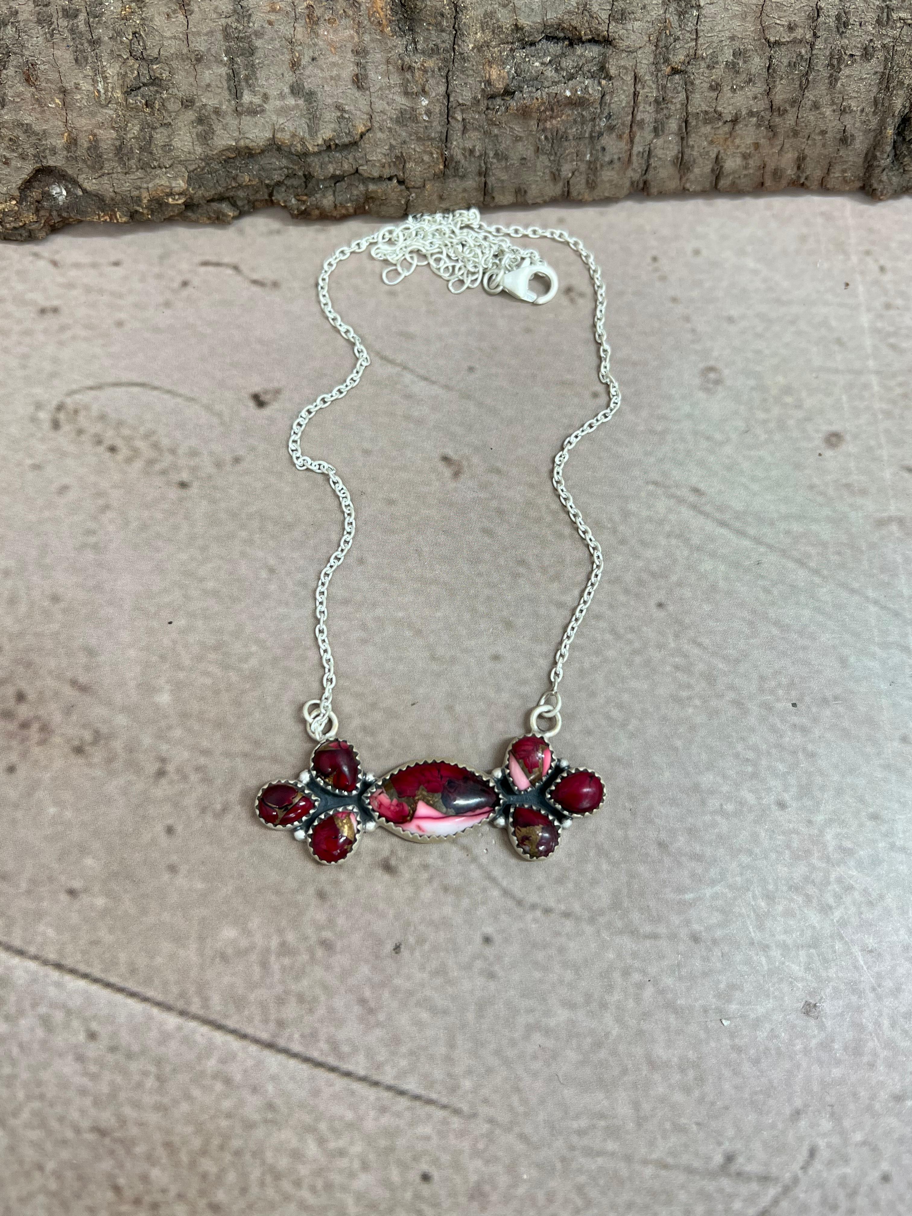 Handmade Sterling Silver Dahlia Rose Necklace with Signed Nizhoni