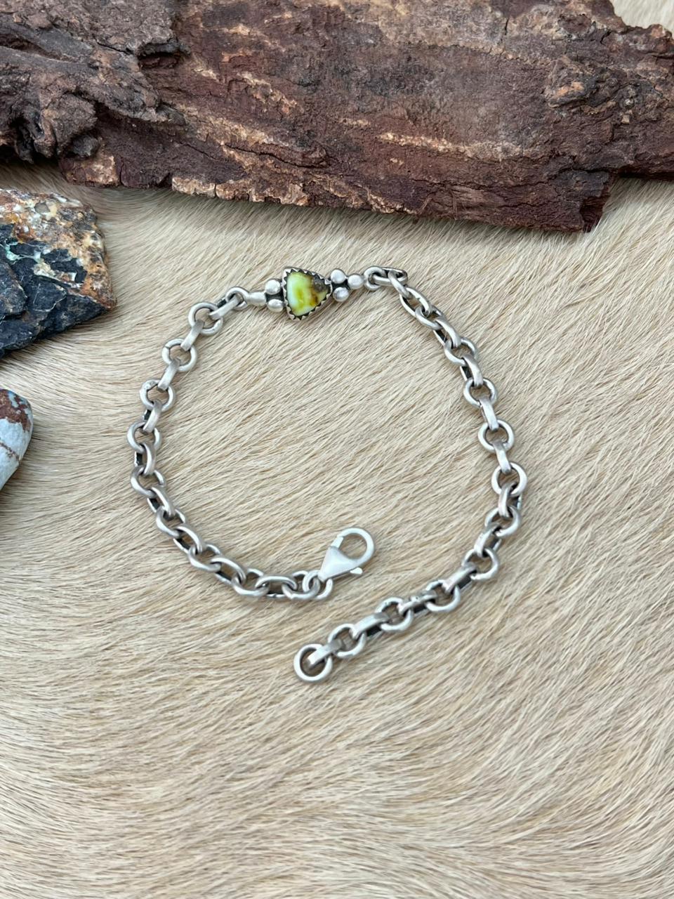 Handmade Sterling Silver Palomino Turquoise Chain Bracelet "Signed Nizhoni"