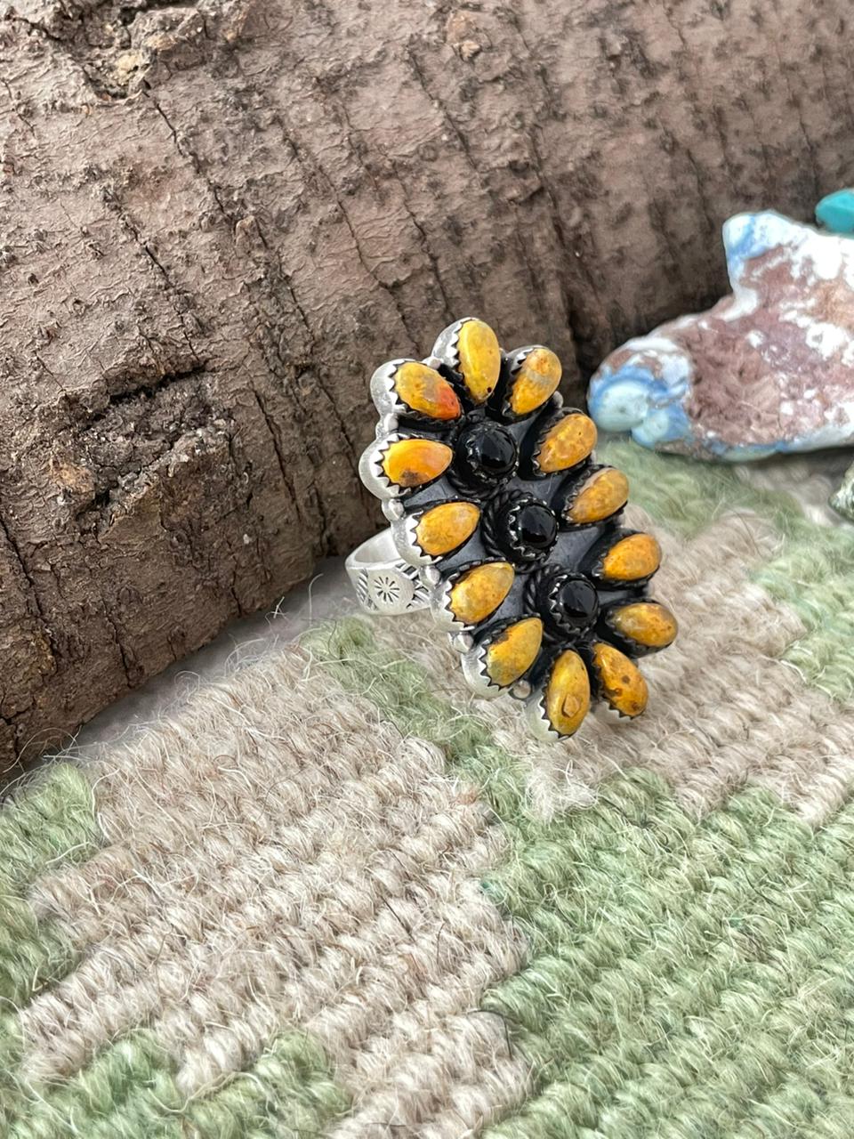 "Halloween Collection" Handmade Sterling Silver Black Onyx, Bumblebee Adjustable Ring with Signed Nizhoni