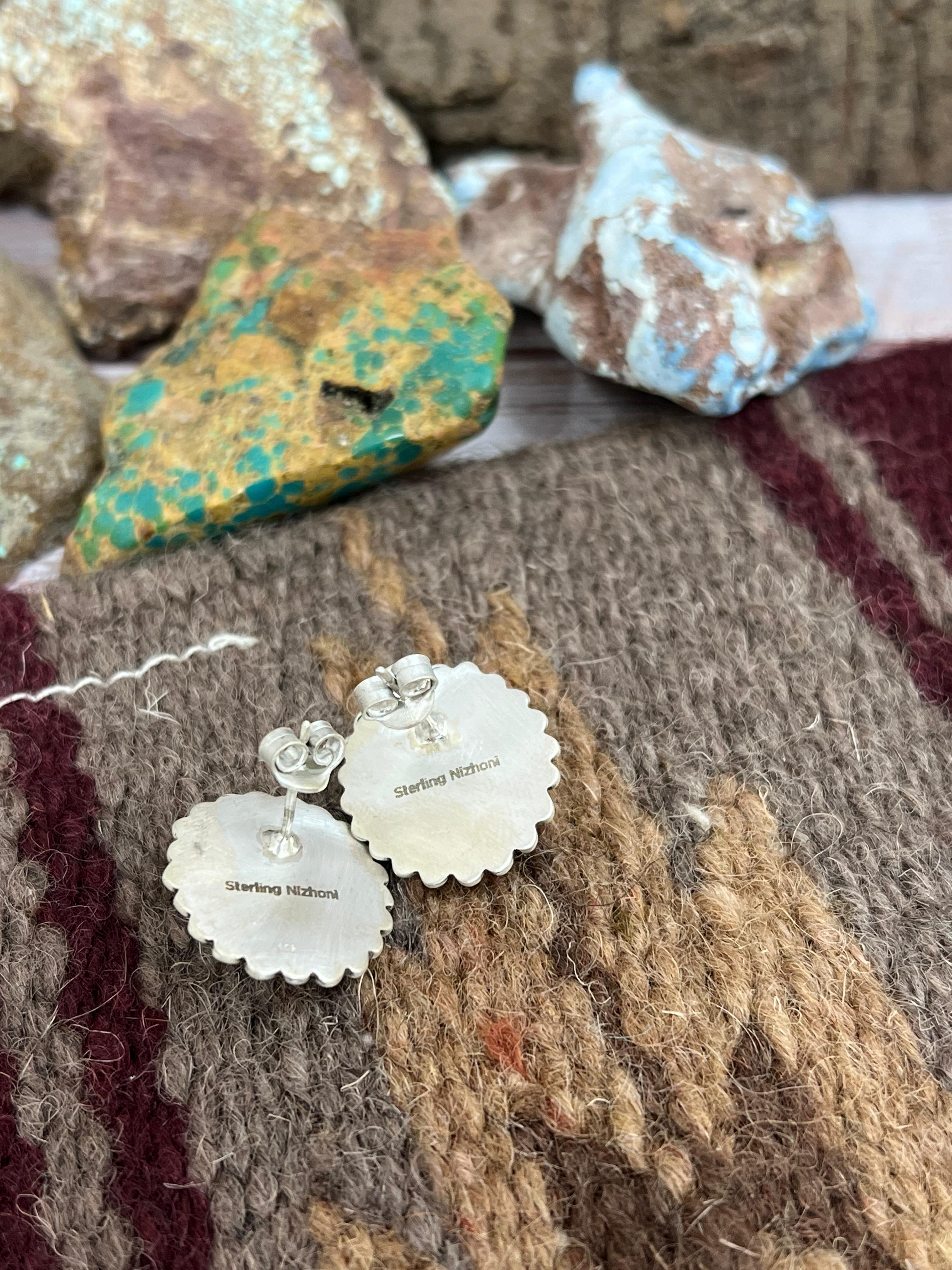 Handmade Sterling Silver Cotton Candy Turquoise Flower Studs with Signed Nizhoni