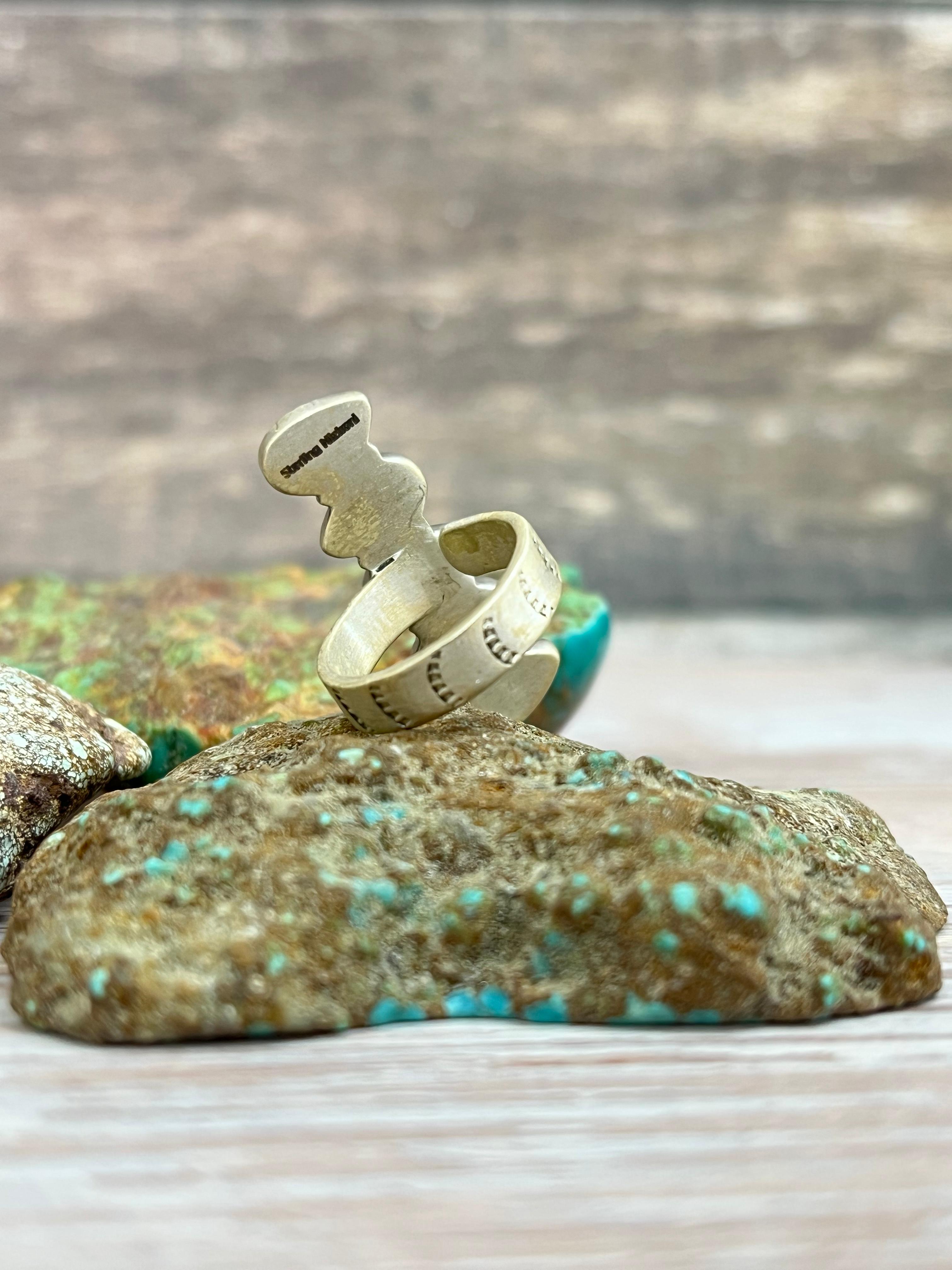Handmade Sterling Silver Kingman Turquoise Adjustable Ring with Signed Nizhoni