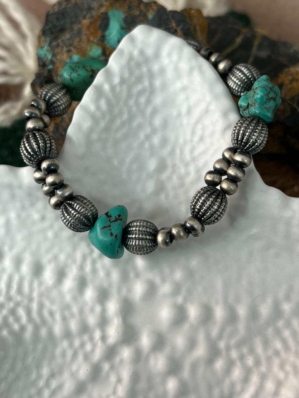 Handmade Sterling Silver Kingman Turquoise Beaded Stretch Bracelet