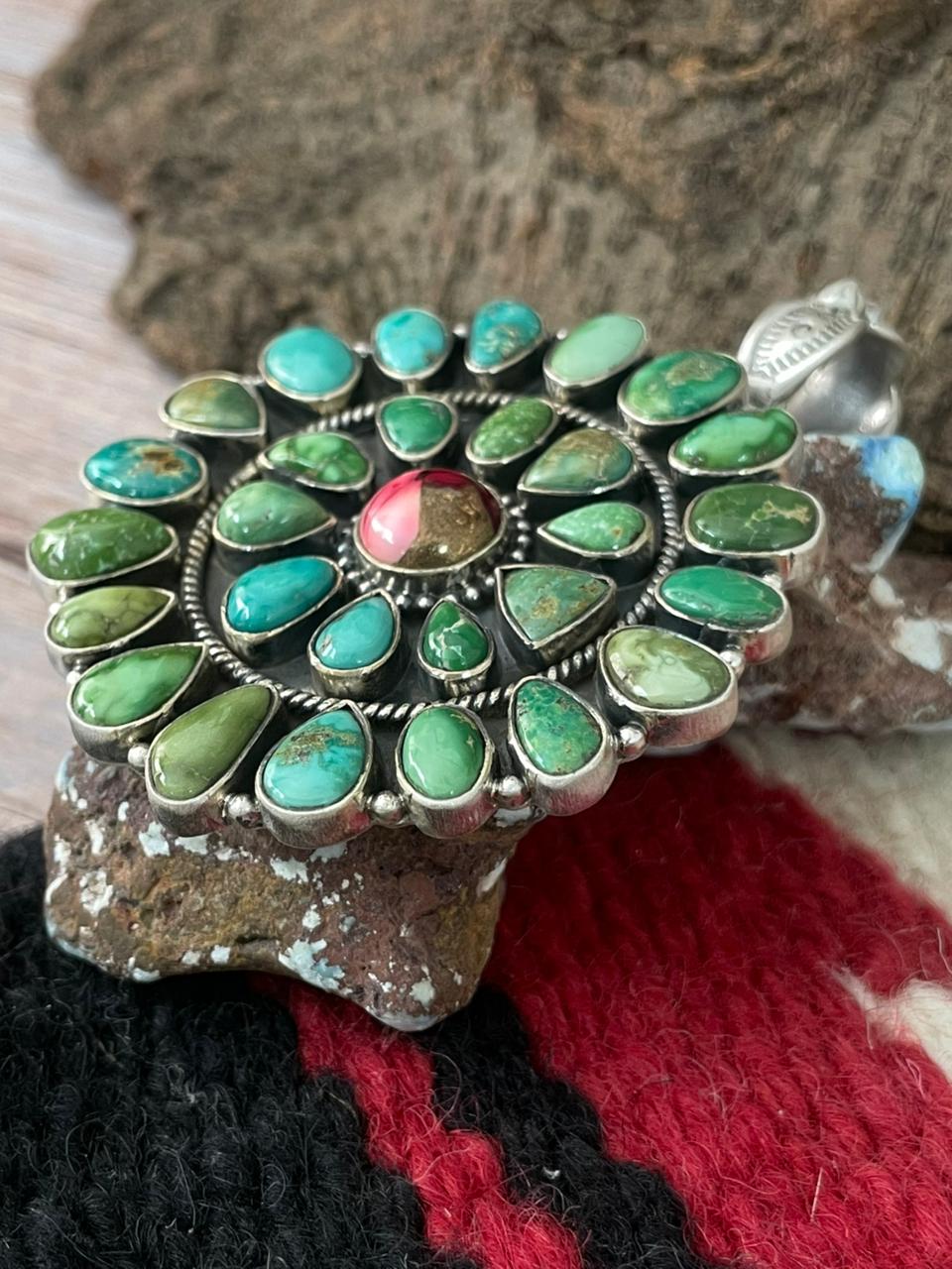 Handmade Sterling Silver Dahlia Rose with Emerald Valley Turquoise Pendant "Signed Nizhoni"