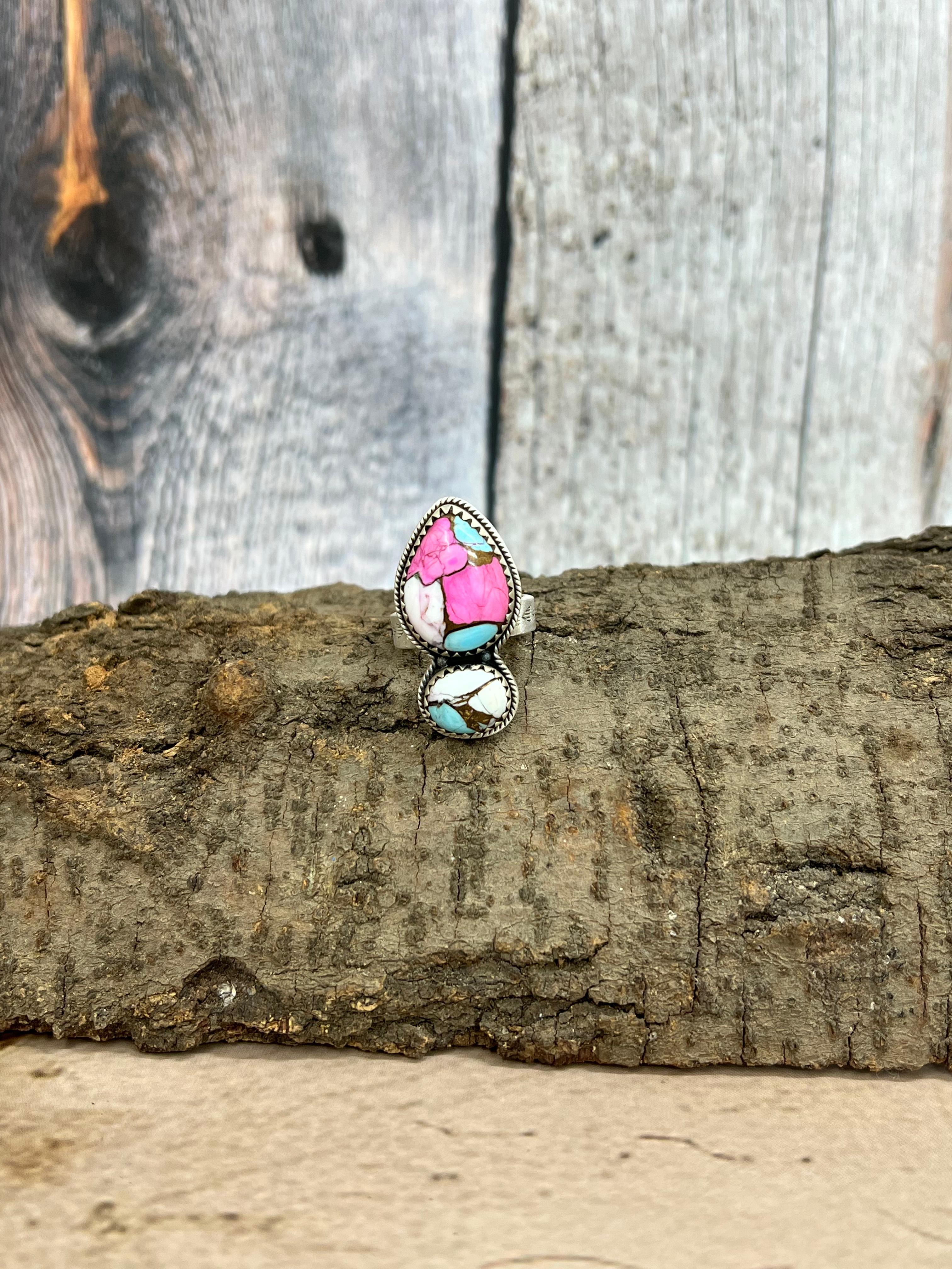 Handmade Sterling Silver Cotton Candy Turquoise Adjustable Rings with Signed Nizhoni