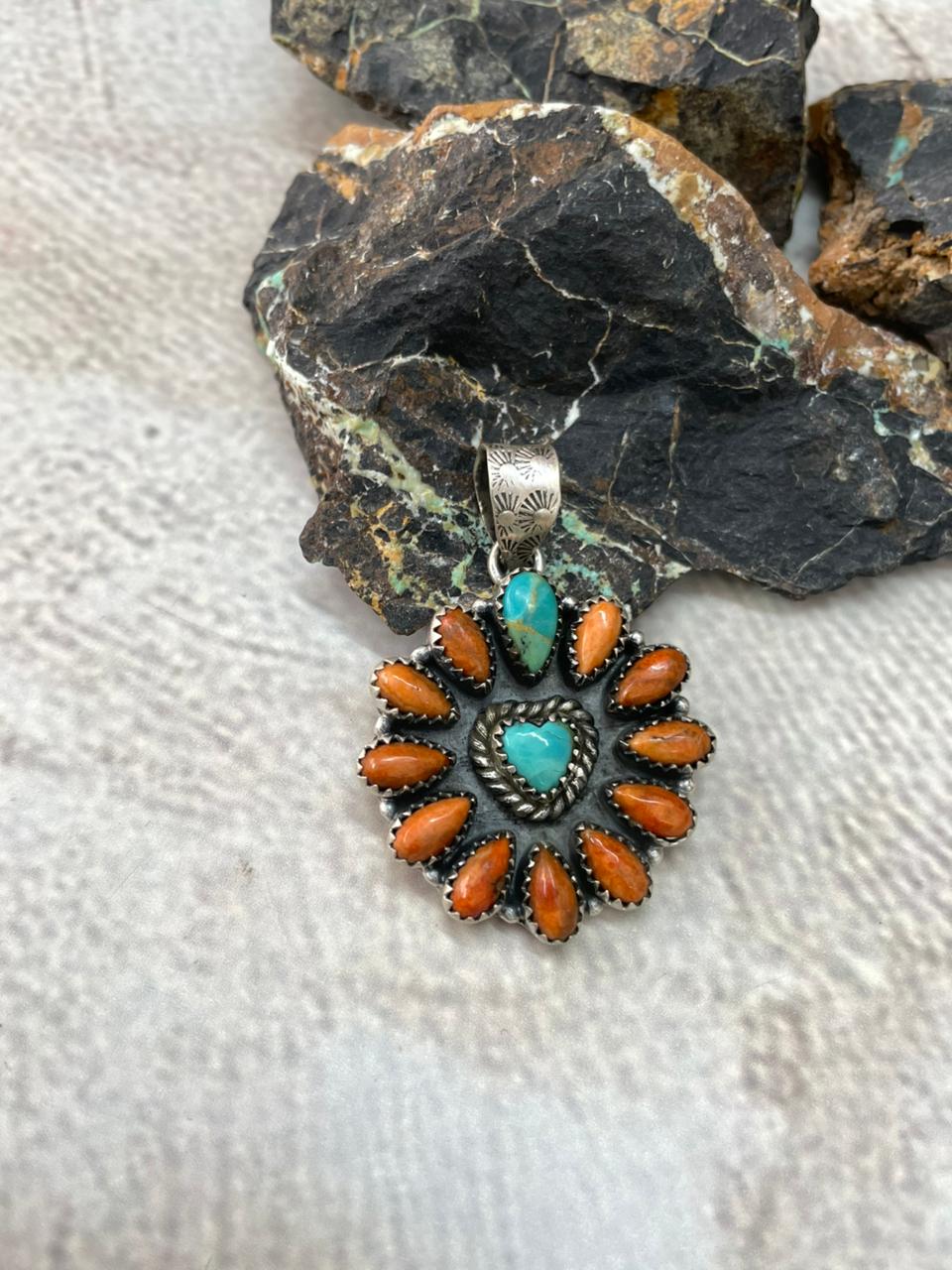 Handmade Sterling Silver Kingman with Orange Mojave Pendant "Signed Nizhoni"