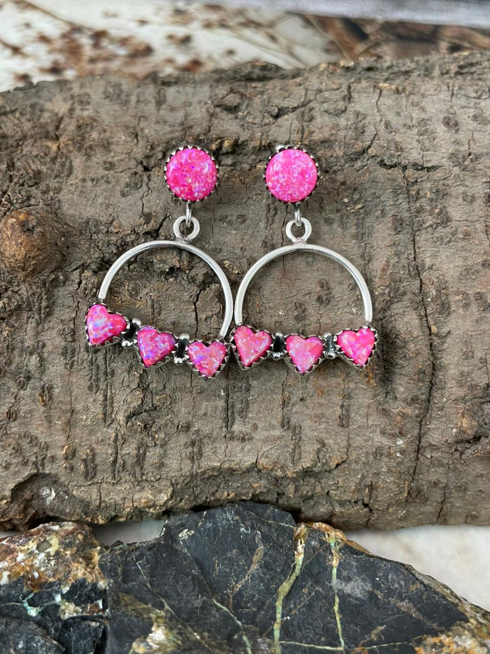 "Heart Collection" Handmade Sterling Silver Hot Pink Post Dangle Earrings "Signed Nizhoni"