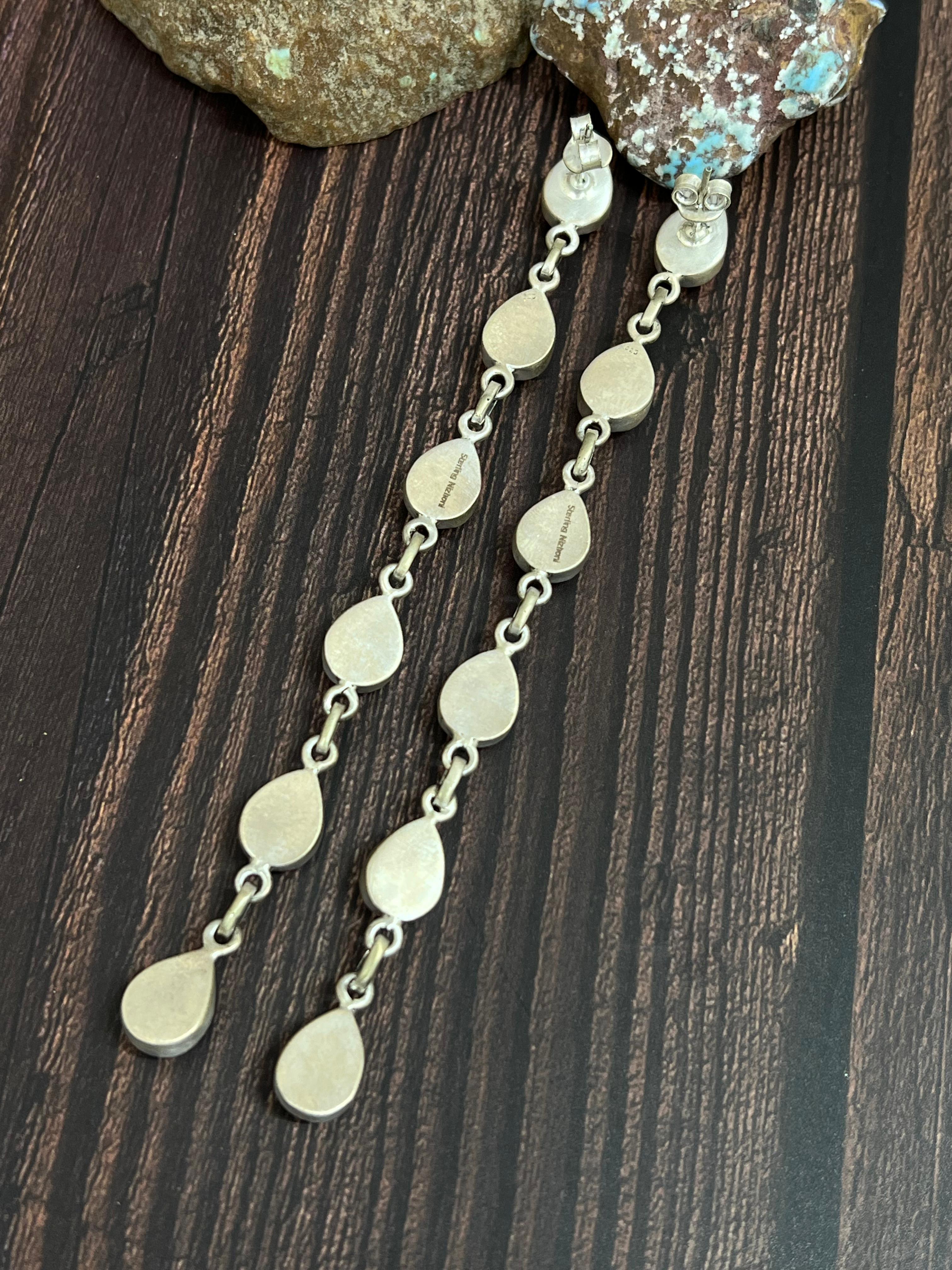 Handmade Sterling Silver Cotton Candy Turquoise Post Dangle Earrings with Signed Nizhoni