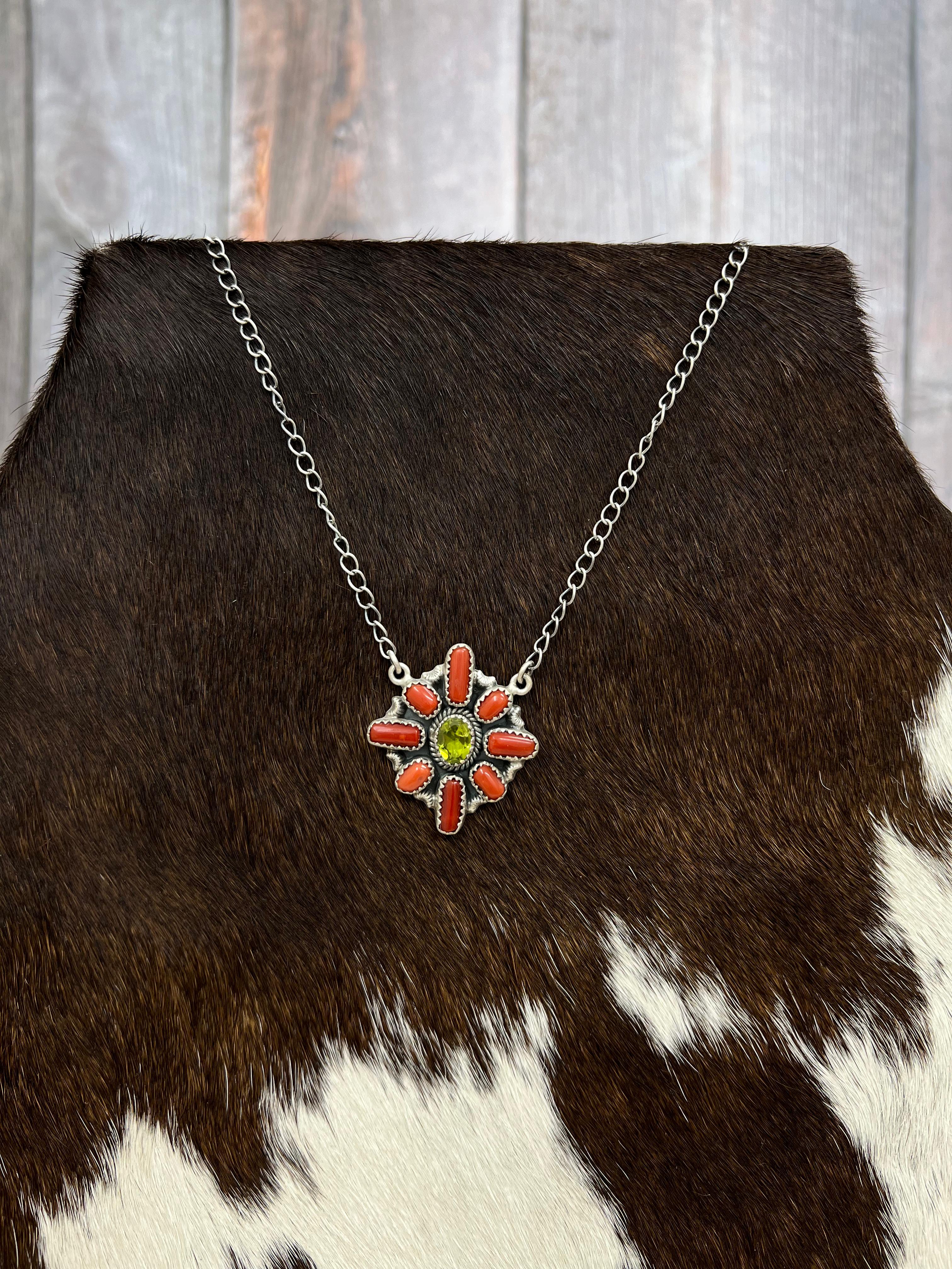 Christmas Collection Handmade Sterling Silver Coral with Peridot Necklace with Signed Nizhoni