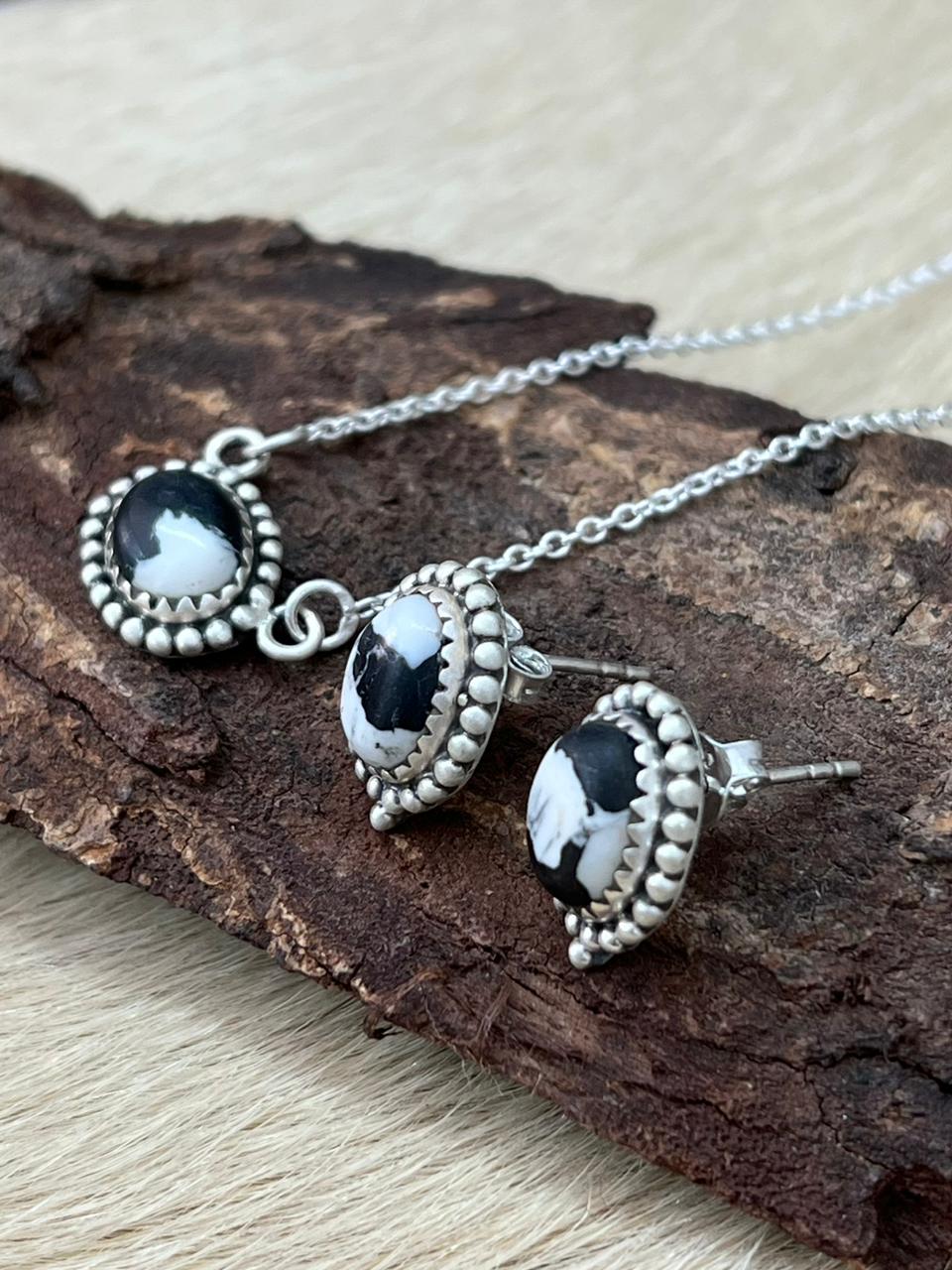 Handmade Sterling Silver White Buffalo Necklace Earrings Set "Signed Nizhoni"