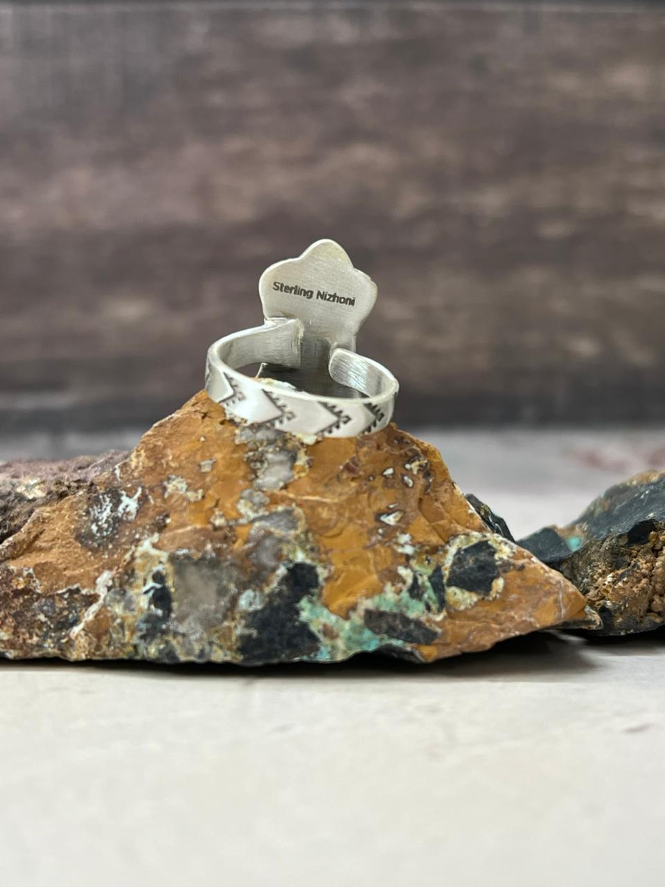 Handmade Sterling Silver Kingman Turquoise Star Adjustable Ring "Signed Nizhoni" (3)