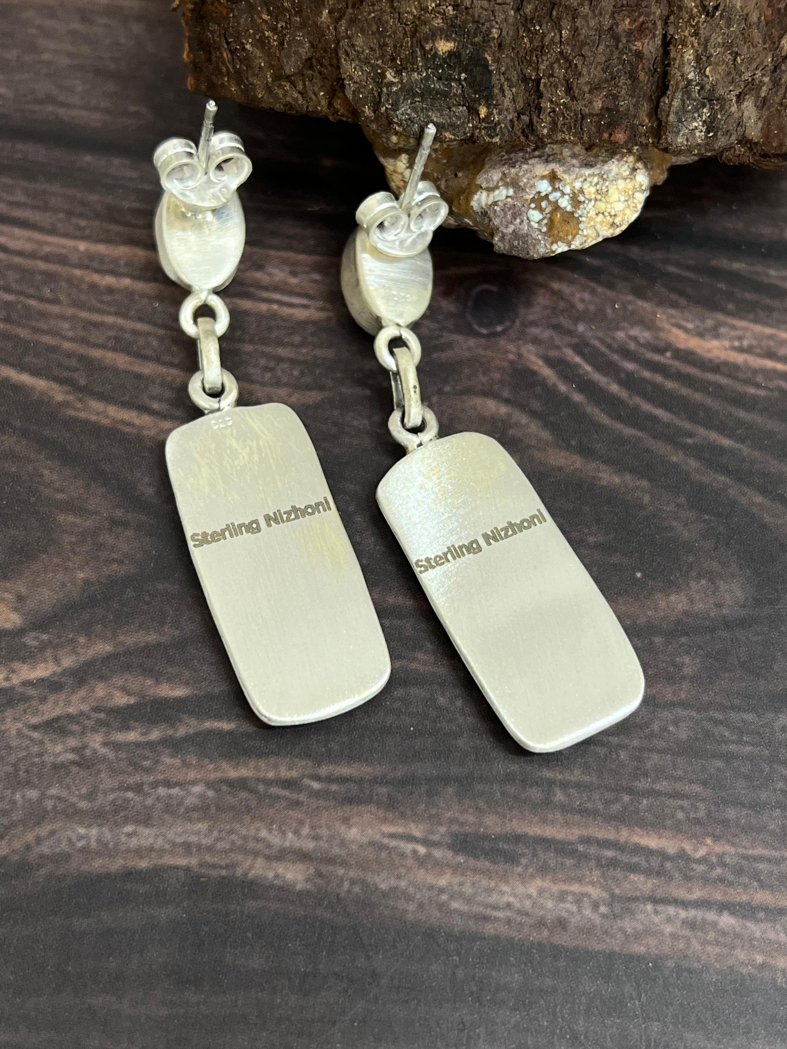 Handmade Sterling Silver Golden Hills Turquoise Post Dangle Earrings with Signed Nizhoni