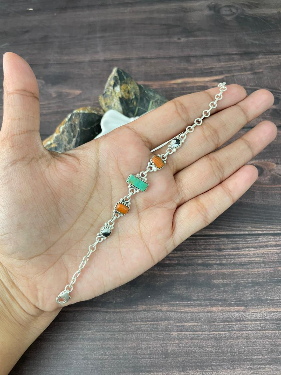 Handmade Sterling Silver Orange Mojave with Kingman and White Buffalo Chain Bracelet "Signed Nizhoni"