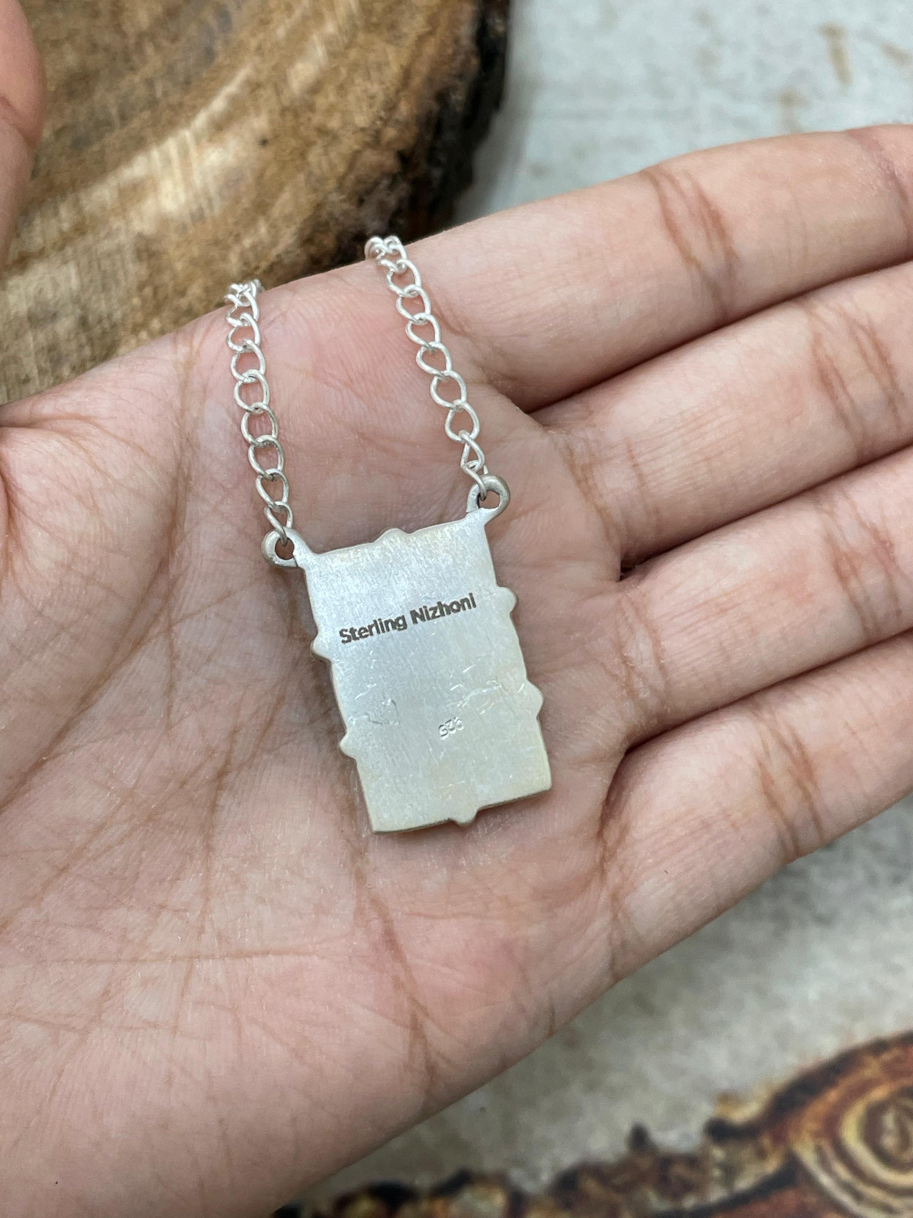 Handmade Sterling Silver Kingman Turquoise Necklace with Signed Nizhoni