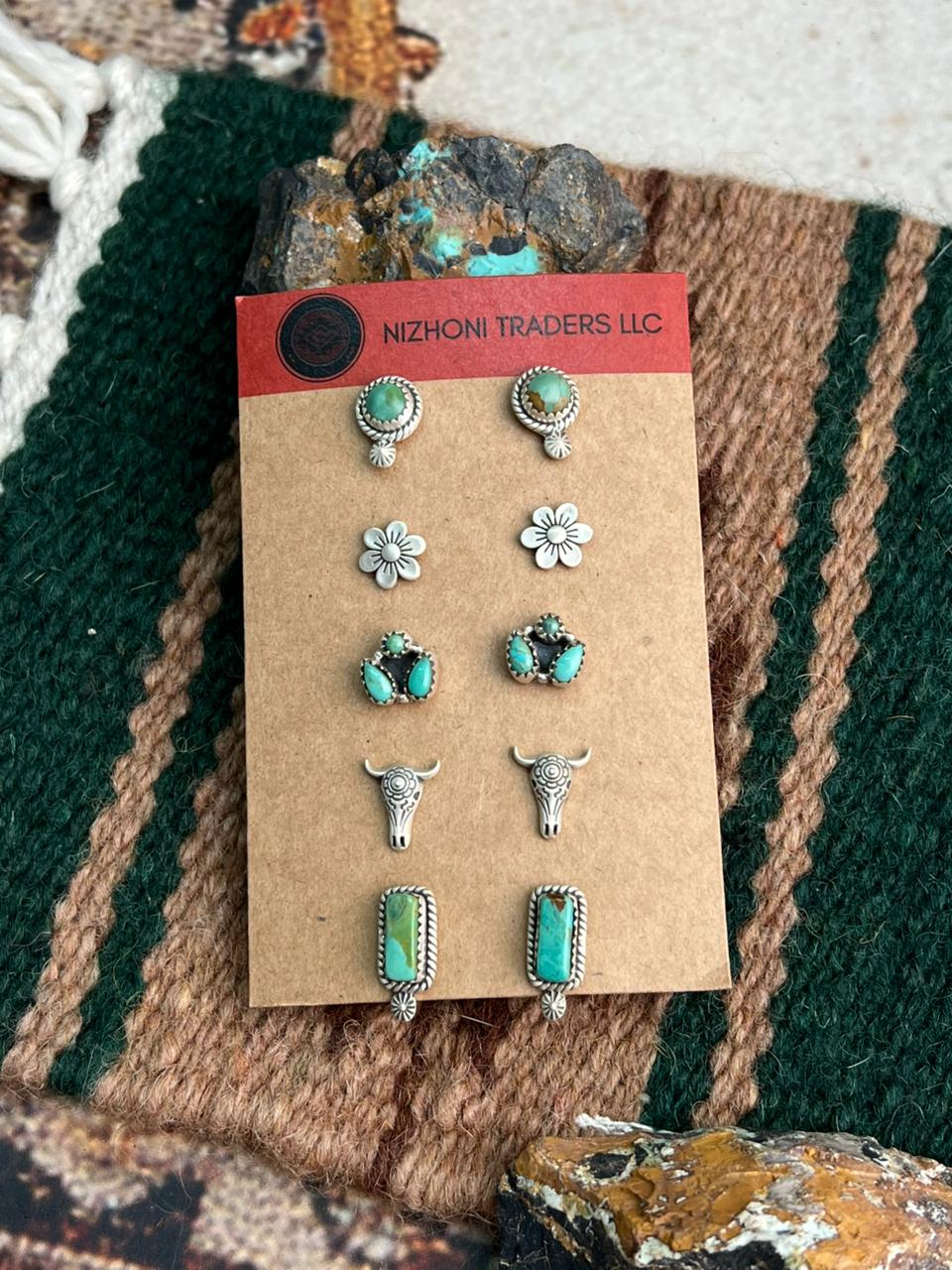 Handmade Sterling Silver Kingman Turquoise Post Earring Set "Signed Nizhoni"