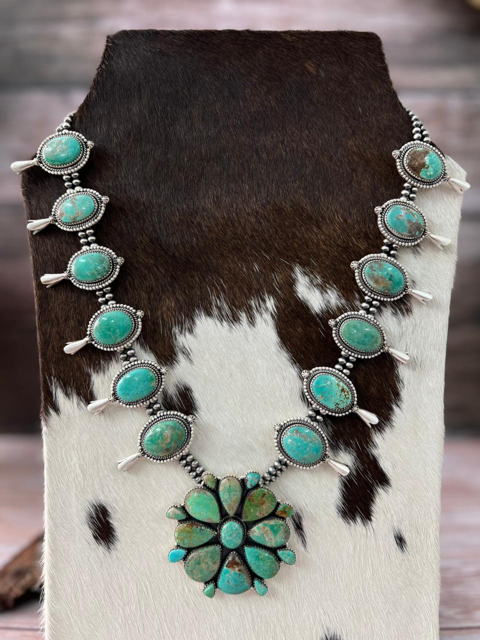 Handmade Sterling Silver Mantis Turquoise Beaded Squash Blossom Neckla