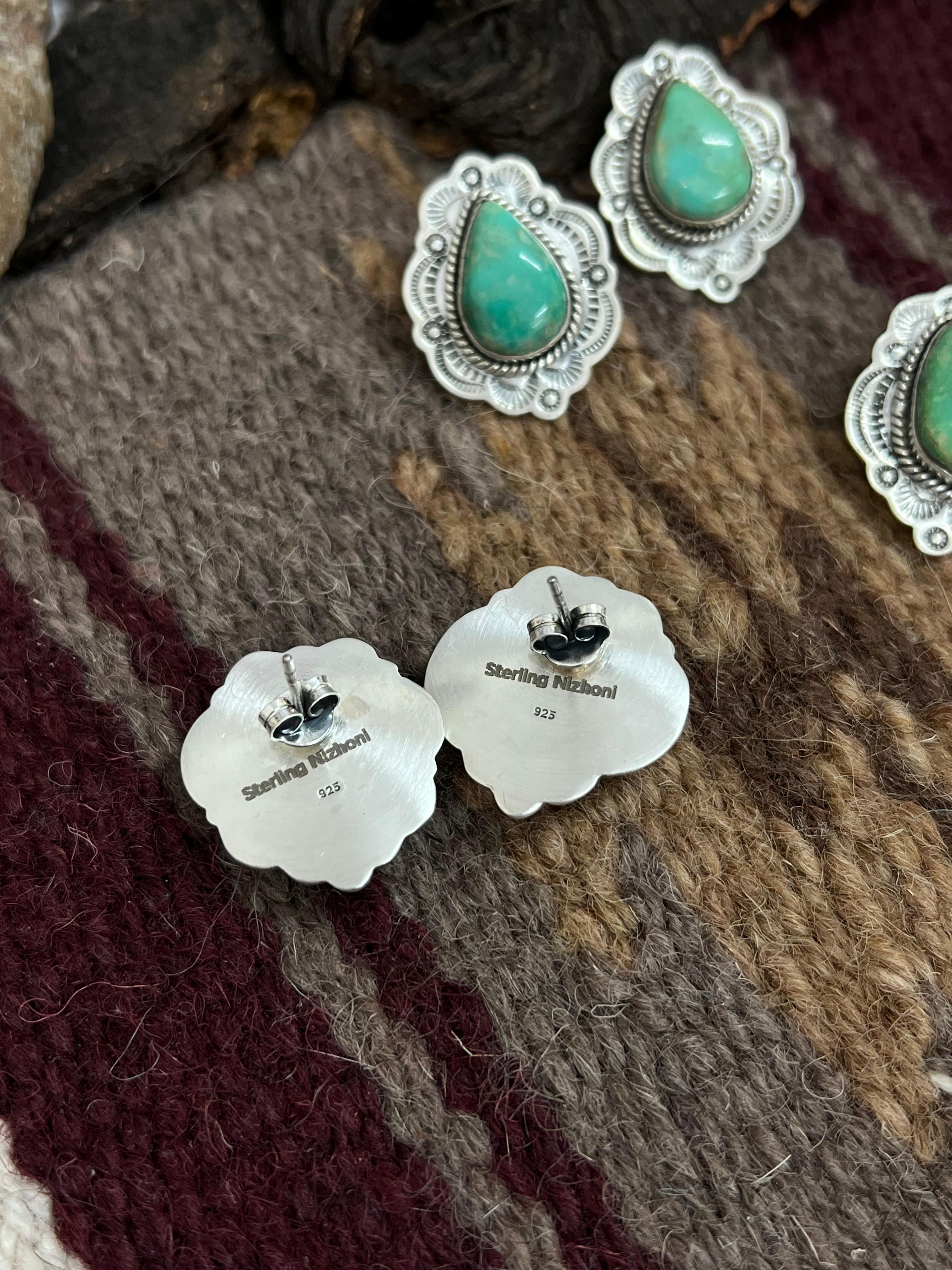 Handmade Sterling Silver Mantis Turquoise Post Studs, Signed Nizhoni