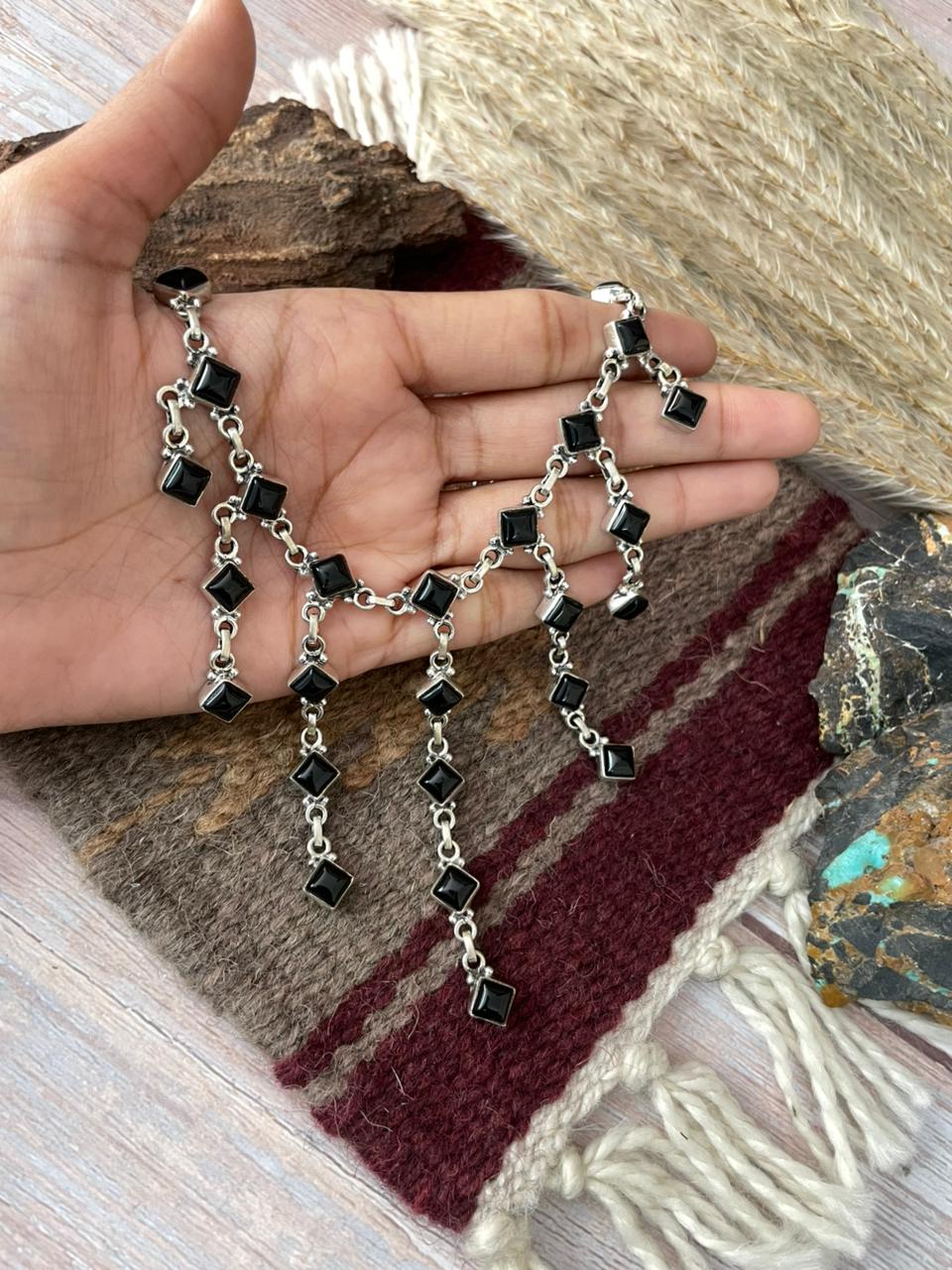 Handmade Sterling Silver Black Onyx Choker Necklace "Signed Nizhoni"
