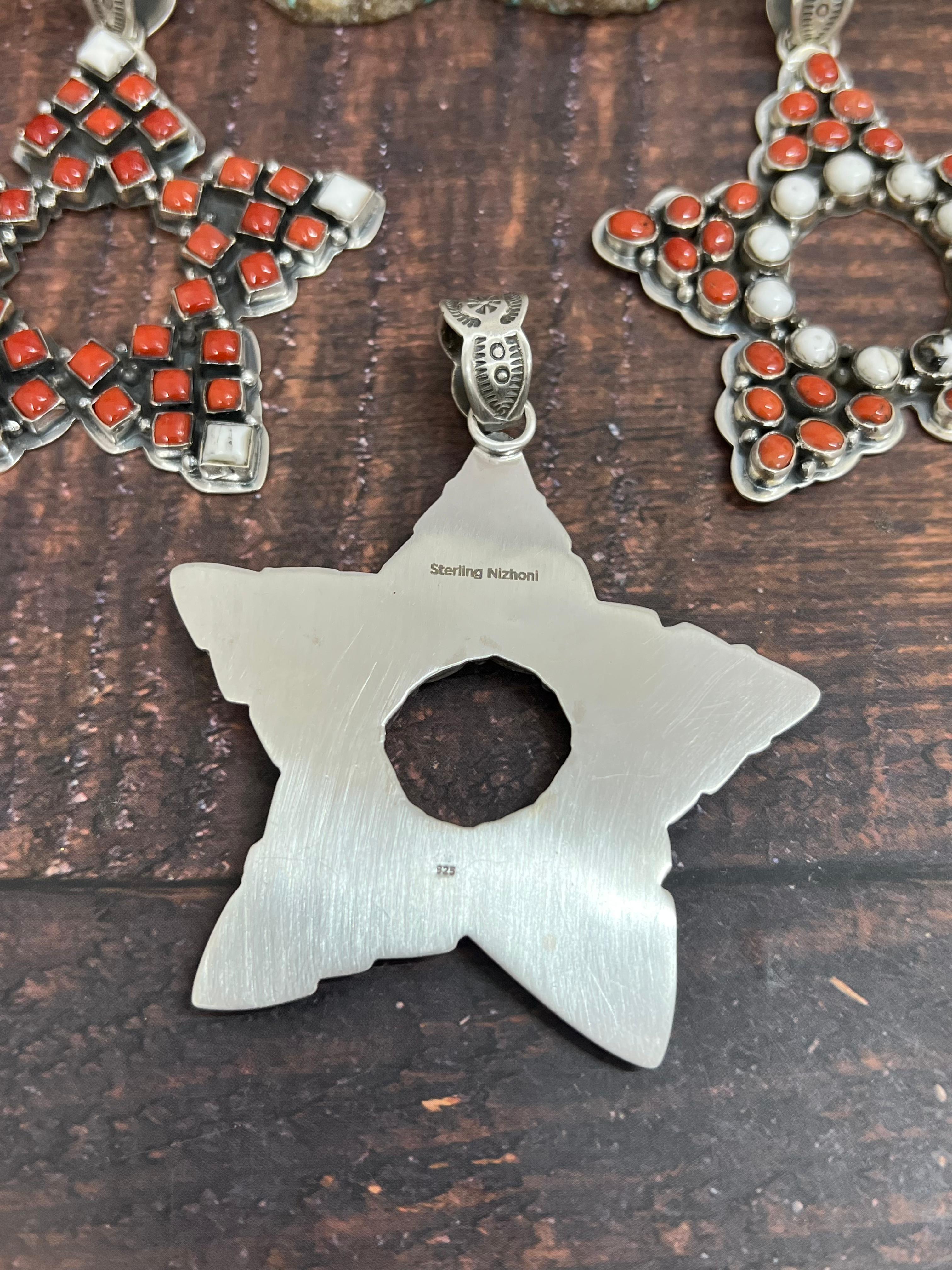 Handmade Sterling Silver Coral with White Buffalo and Emerald Valley Star Pendant, Signed Nizhoni