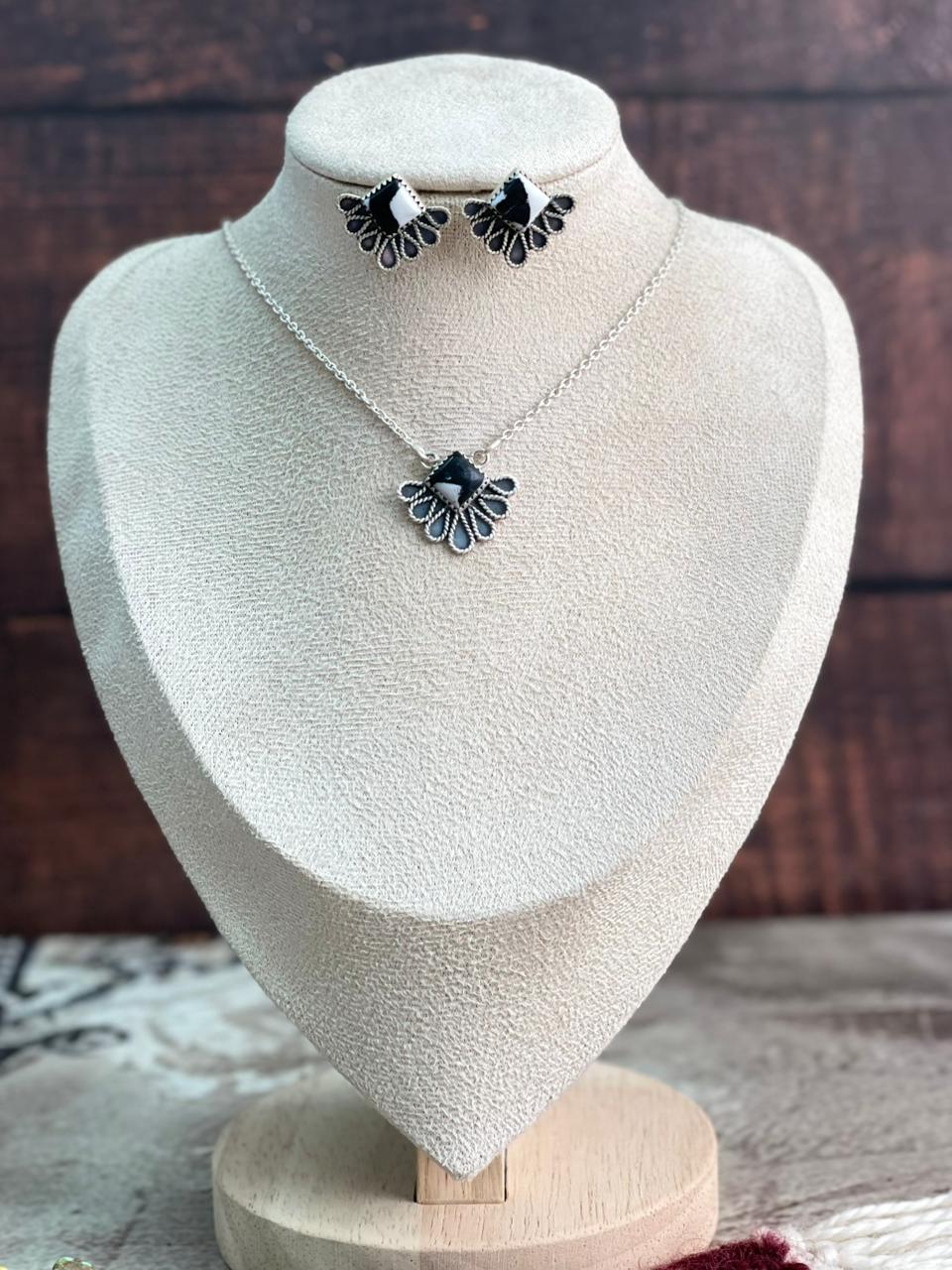 Handmade Sterling Silver White Buffalo Necklace Earrings Set "Signed Nizhoni"