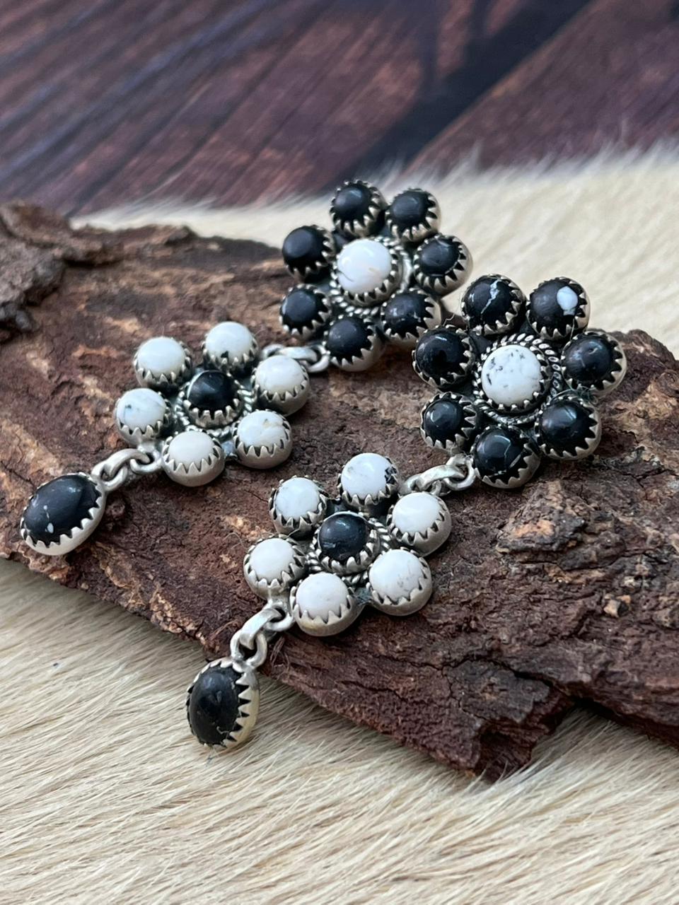 Handmade Sterling Silver White Buffalo Post Dangle Earrings "Signed Nizhoni" (6)