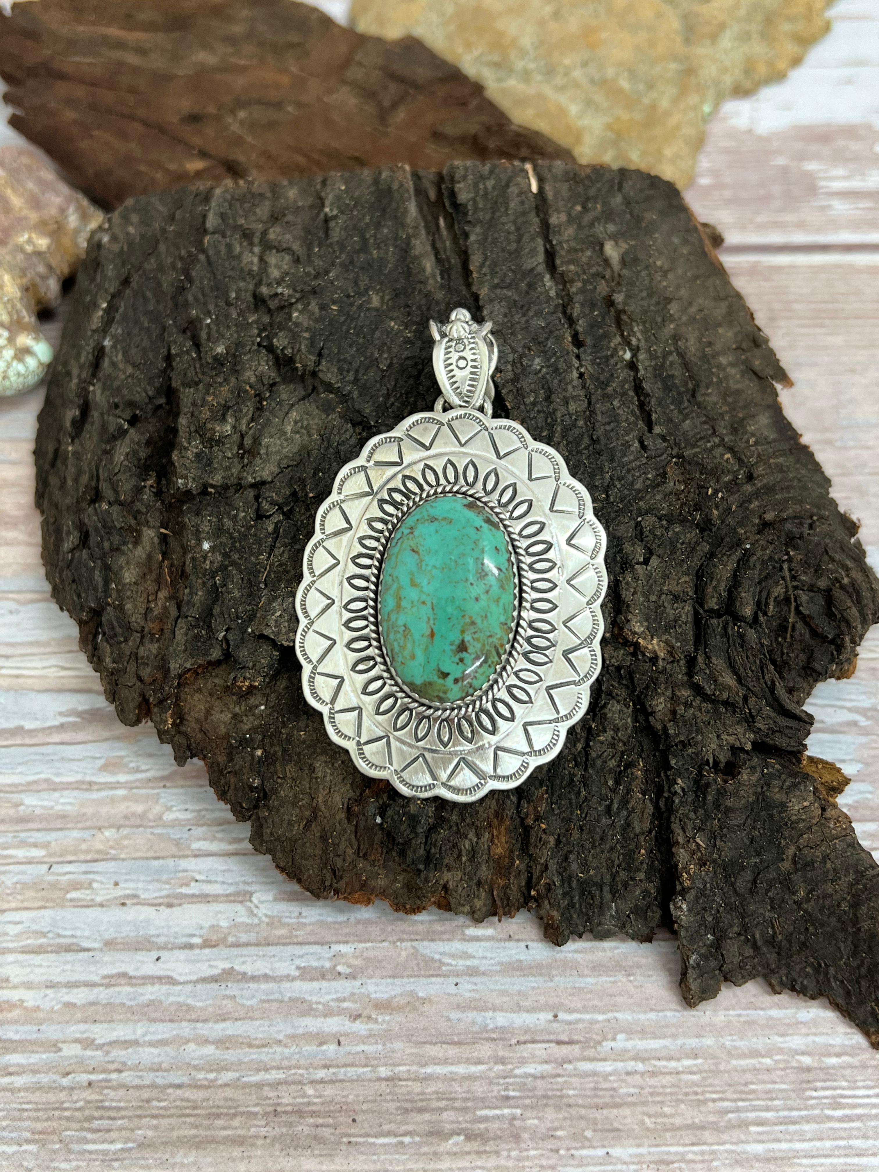 Handmade Sterling Silver Kingman Turquoise Pendant hiwith Signed Nizhoni