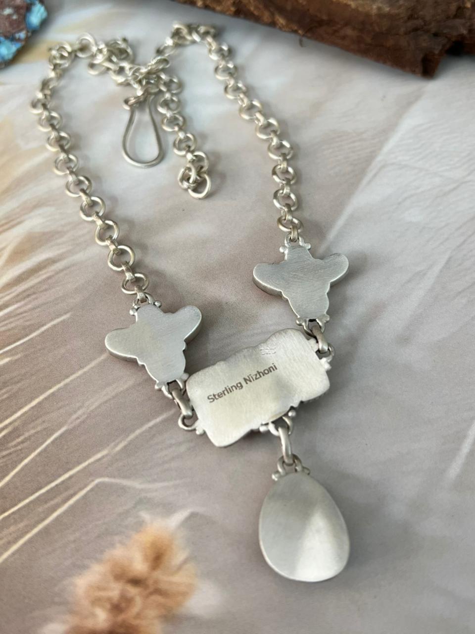 Handmade Sterling Silver Spring Collection: White Buffalo with Bumblebee & Sonoran Mountain Turquoise Necklace "Signed Nizhoni"
