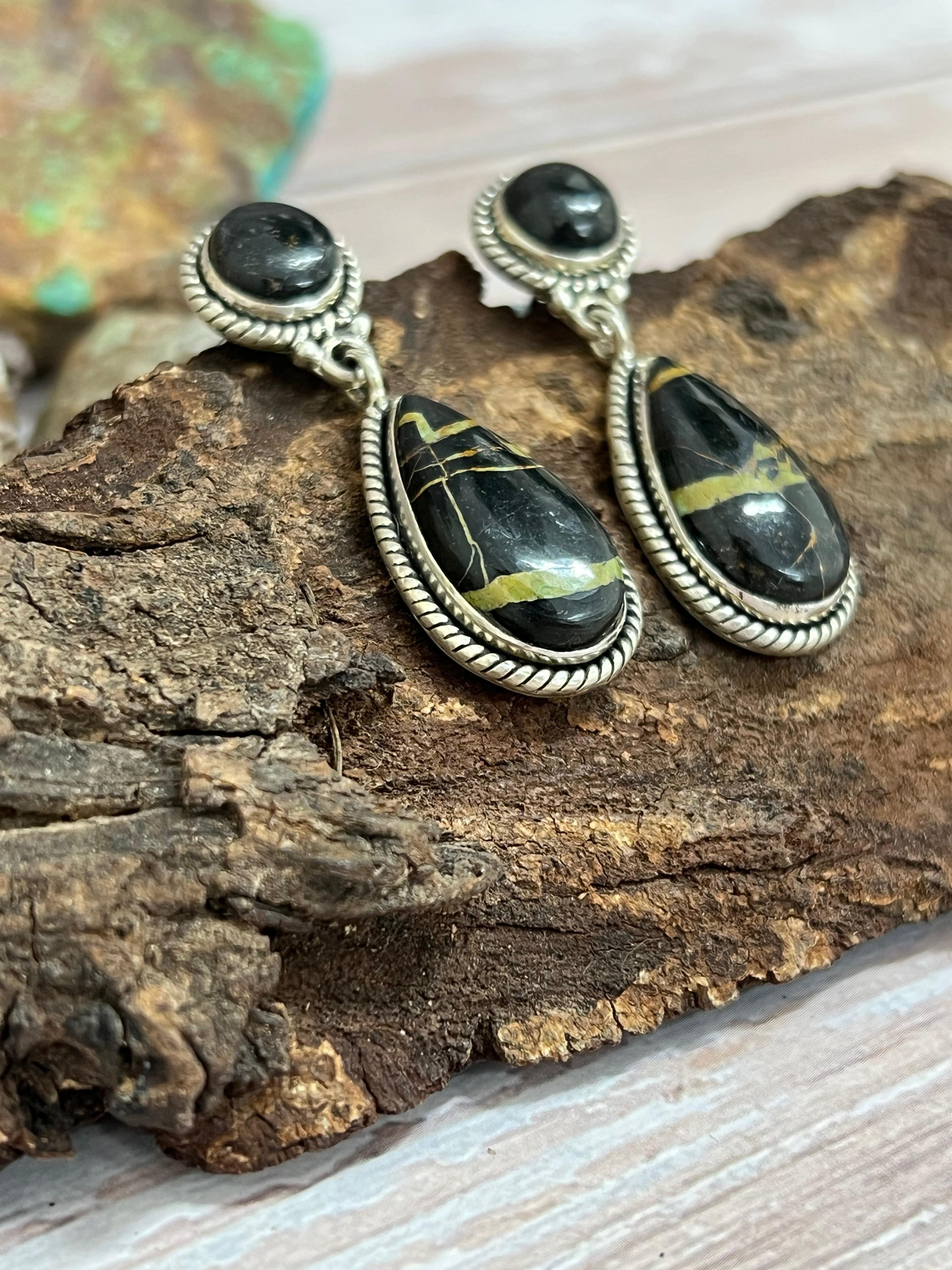 Handmade Sterling Silver Blackjack Turquoise Post Dangle Earrings with Signed Nizhoni