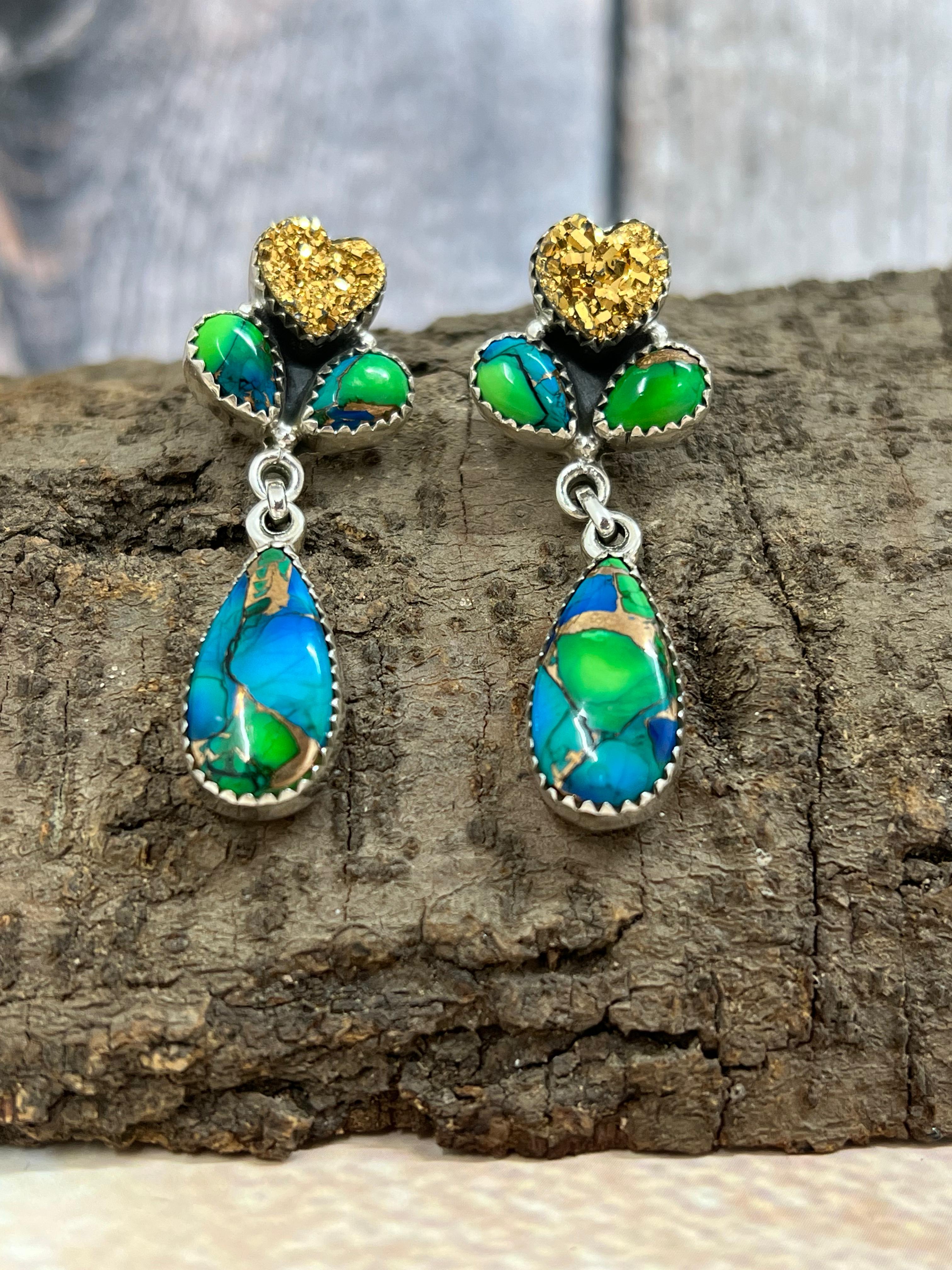 Handmade Sterling Silver Peacock Dahlia with Druzy Dangle Earrings with Signed Nizhoni