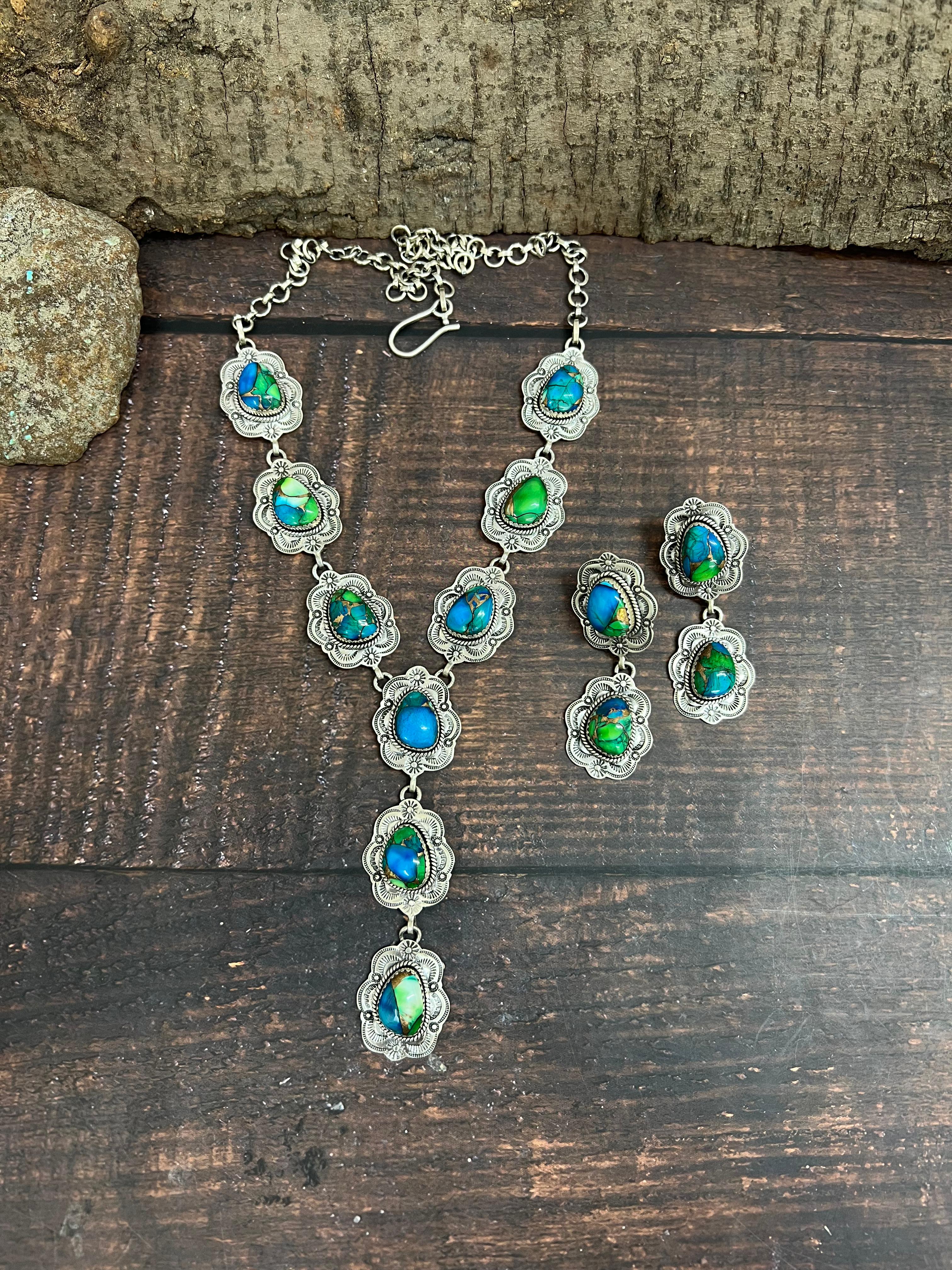 Handmade Sterling Silver Peacock Dahlia Necklace Earrings Set with Signed Nizhoni