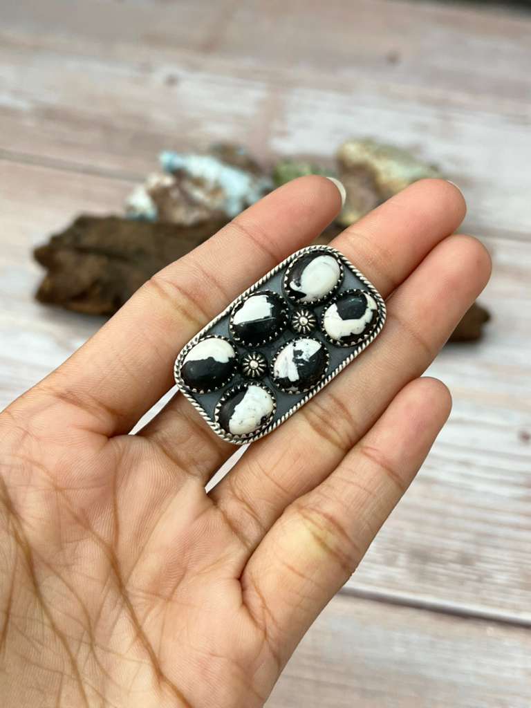 Handmade Sterling Silver White Buffalo Adjustable Ring with Signed Nizhoni