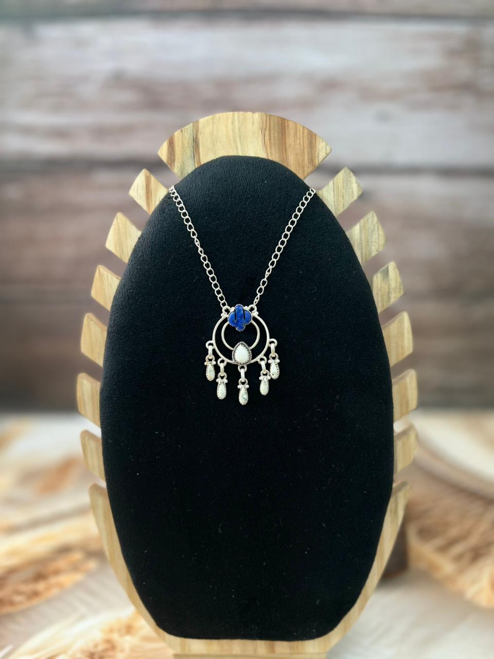 Handmade Sterling Silver White Buffalo with Lapis Necklace "Signed Nizhoni"
