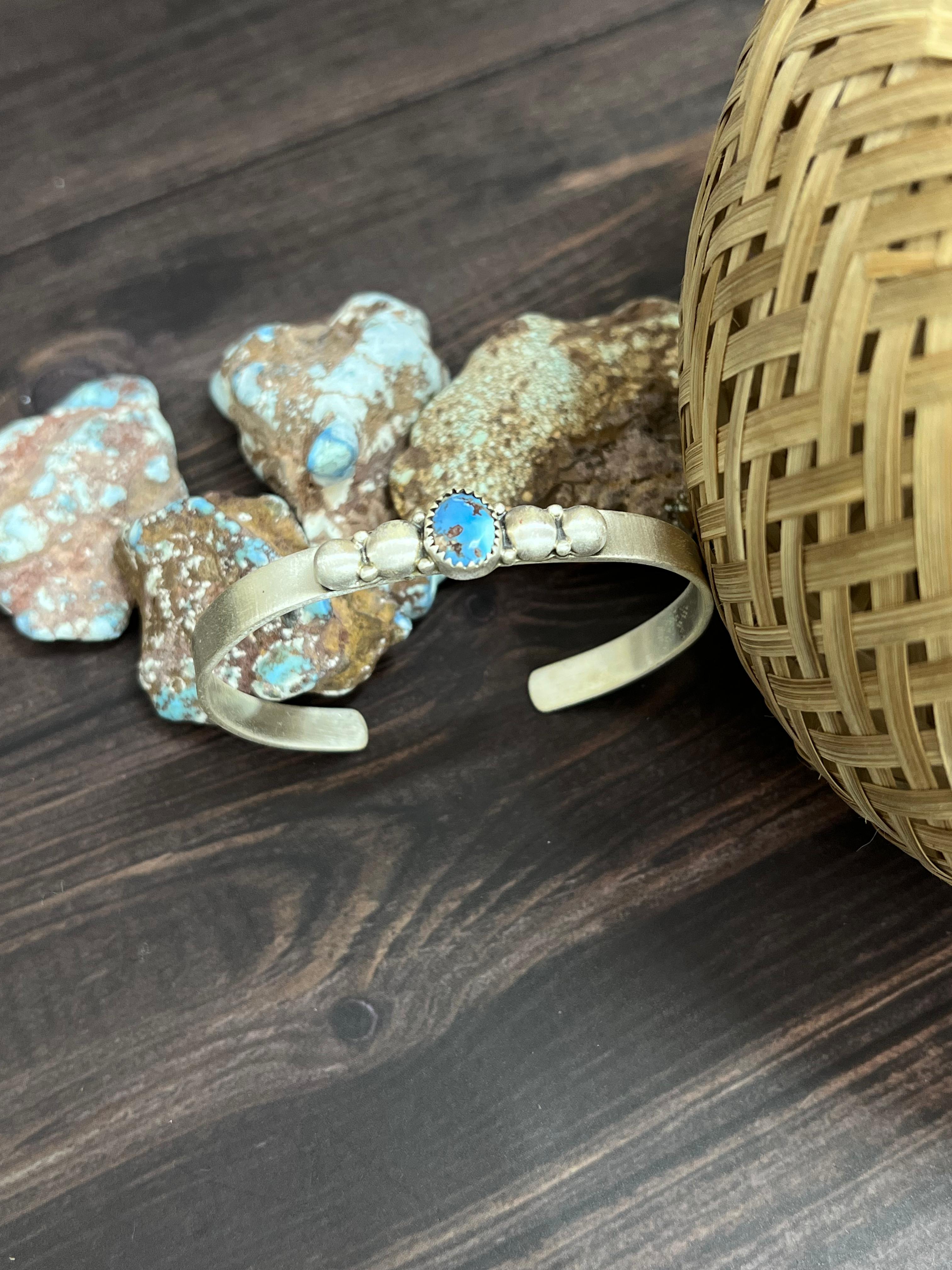 Handmade Sterling Silver Golden Hills Turquoise Cuff Bracelet with Signed Nizhoni