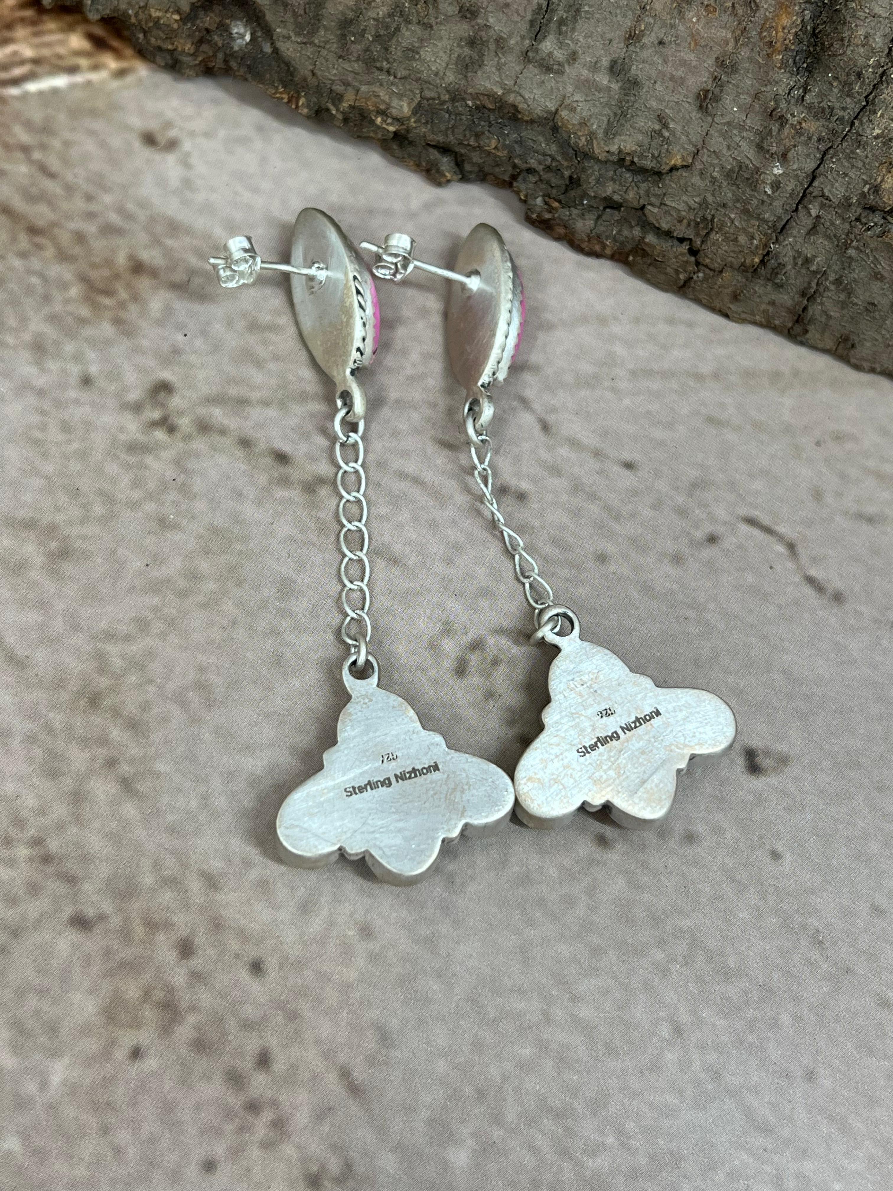 Handmade Sterling Silver Cotton Candy Turquoise Dangle Earrings with Signed Nizhoni