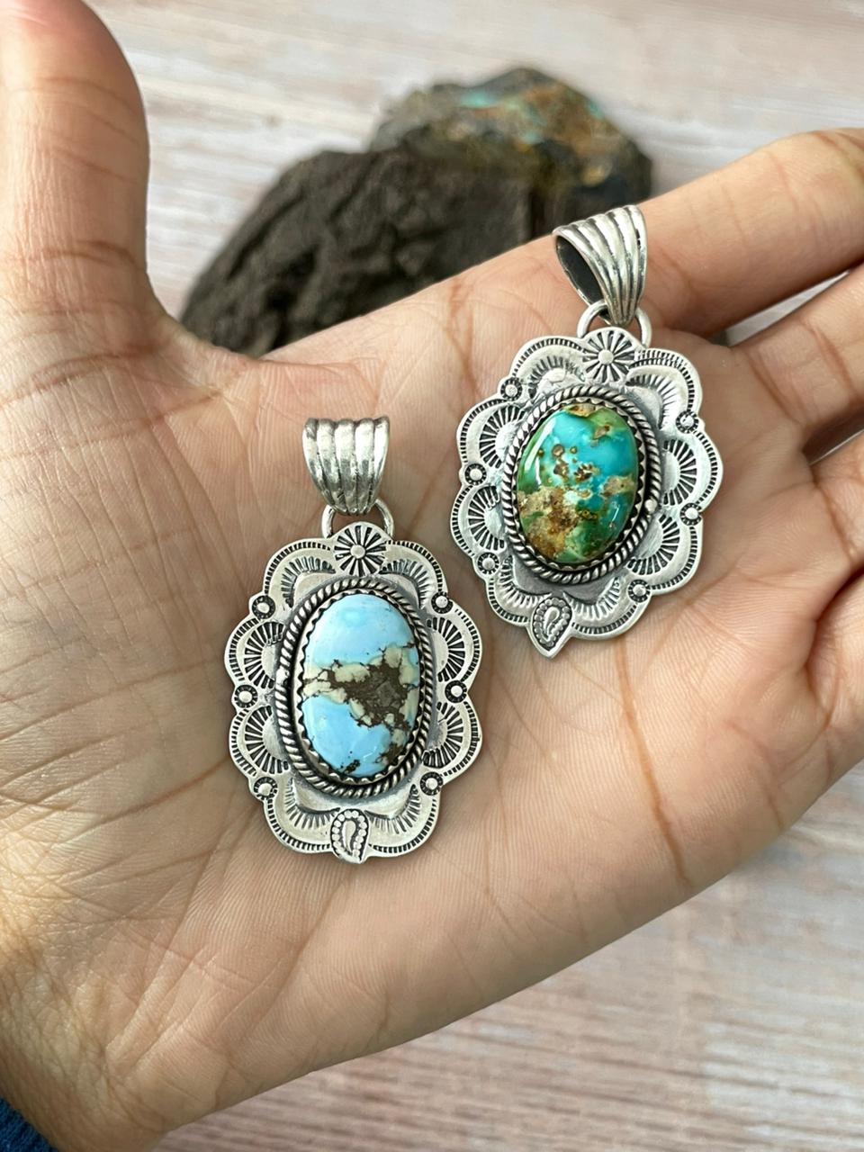 Handmade Sterling Silver Sonoran Mountain Turquoise, Golden Hills Turquoise Pendant " Signed Nizhoni"