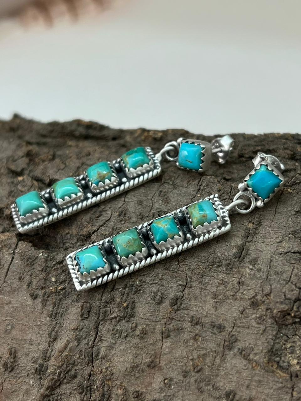 Handmade Sterling Silver Kingman Turquoise Post Dangle Earrings "Signed Nizhoni"