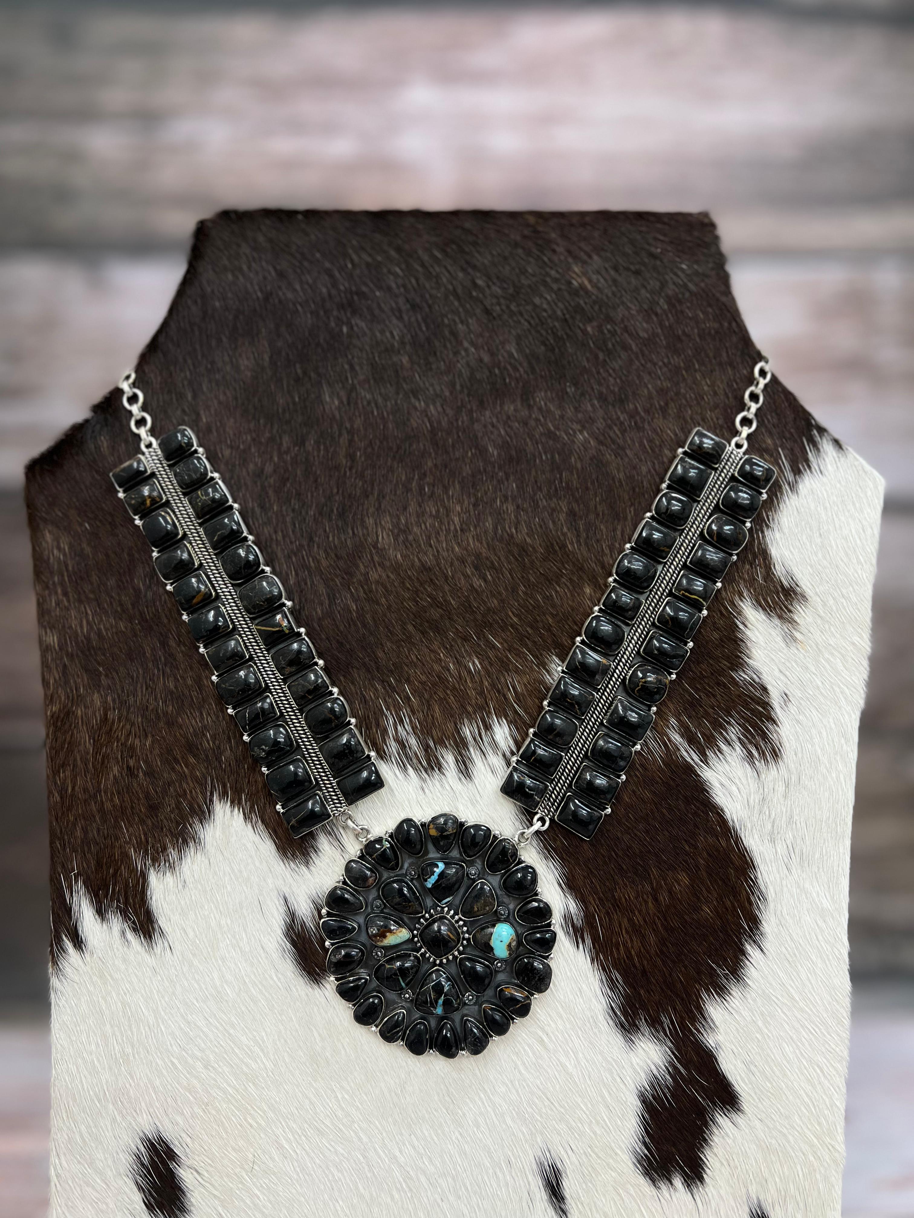 Handmade Sterling Silver Blackjack Turquoise Necklace with Signed Nizhoni