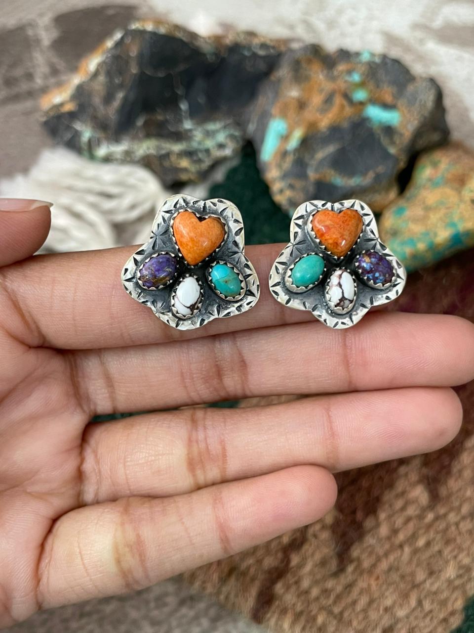 Handmade Sterling Silver Multi Stone Post Stud Earrings "Signed Nizhoni"
