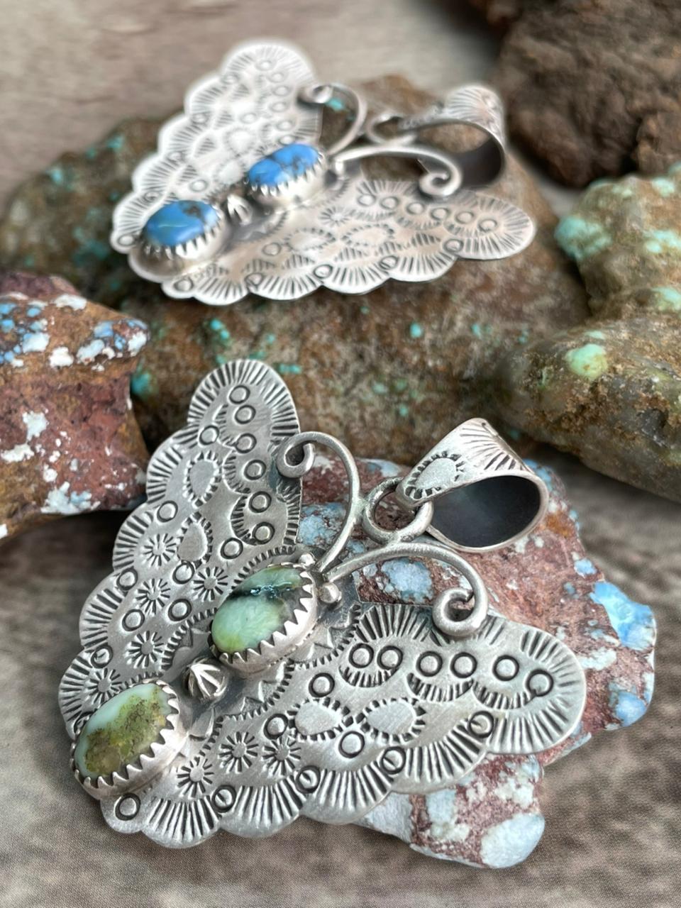 Handmade Sterling Silver Palomino Turquoise, Golden Hills Turquoise Butterfly Pendant with Signed Nizhoni